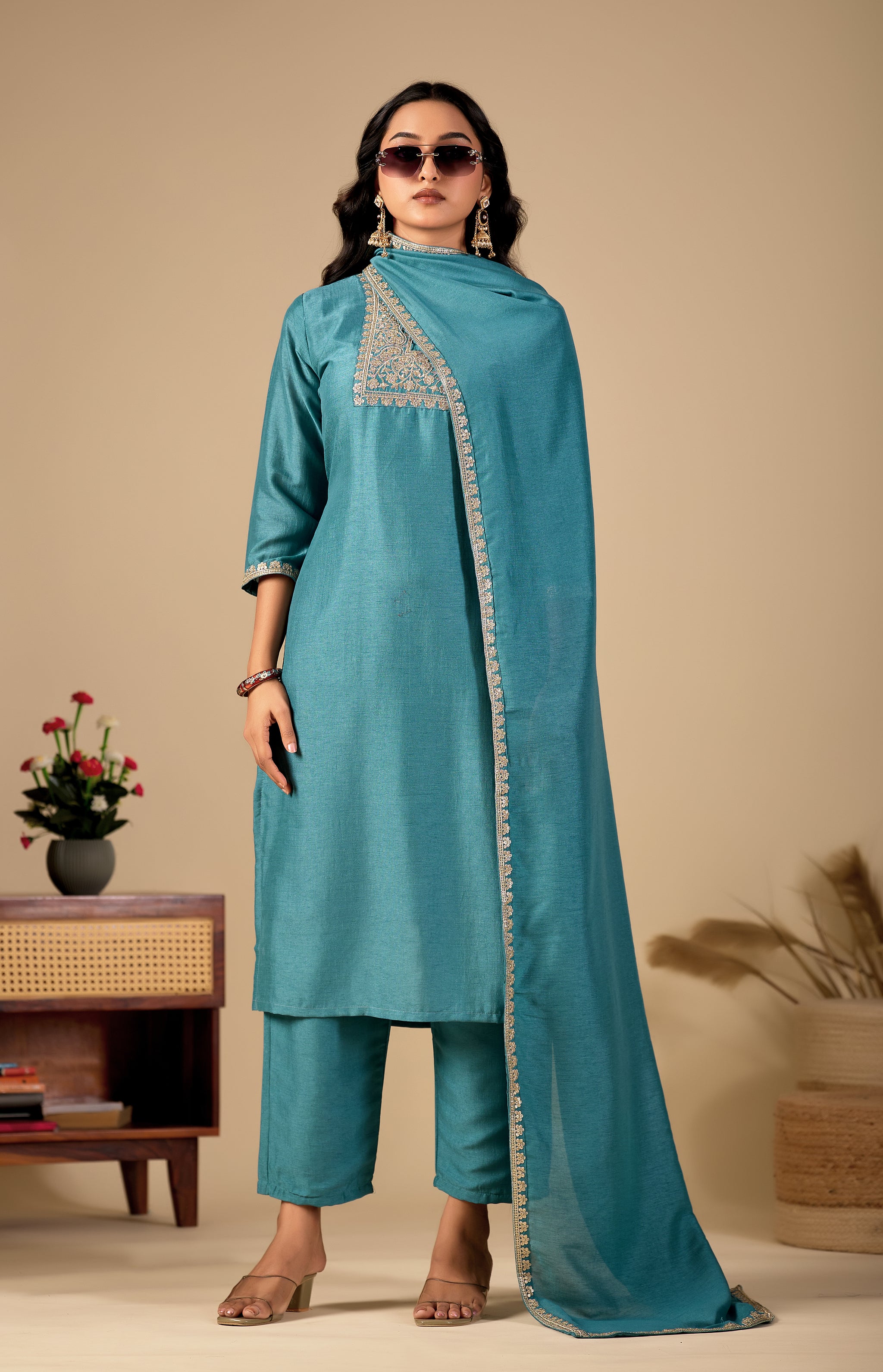 Teal Blue Straight Kurta Pant Set with Zari Embroidered Yoke & Dupatta