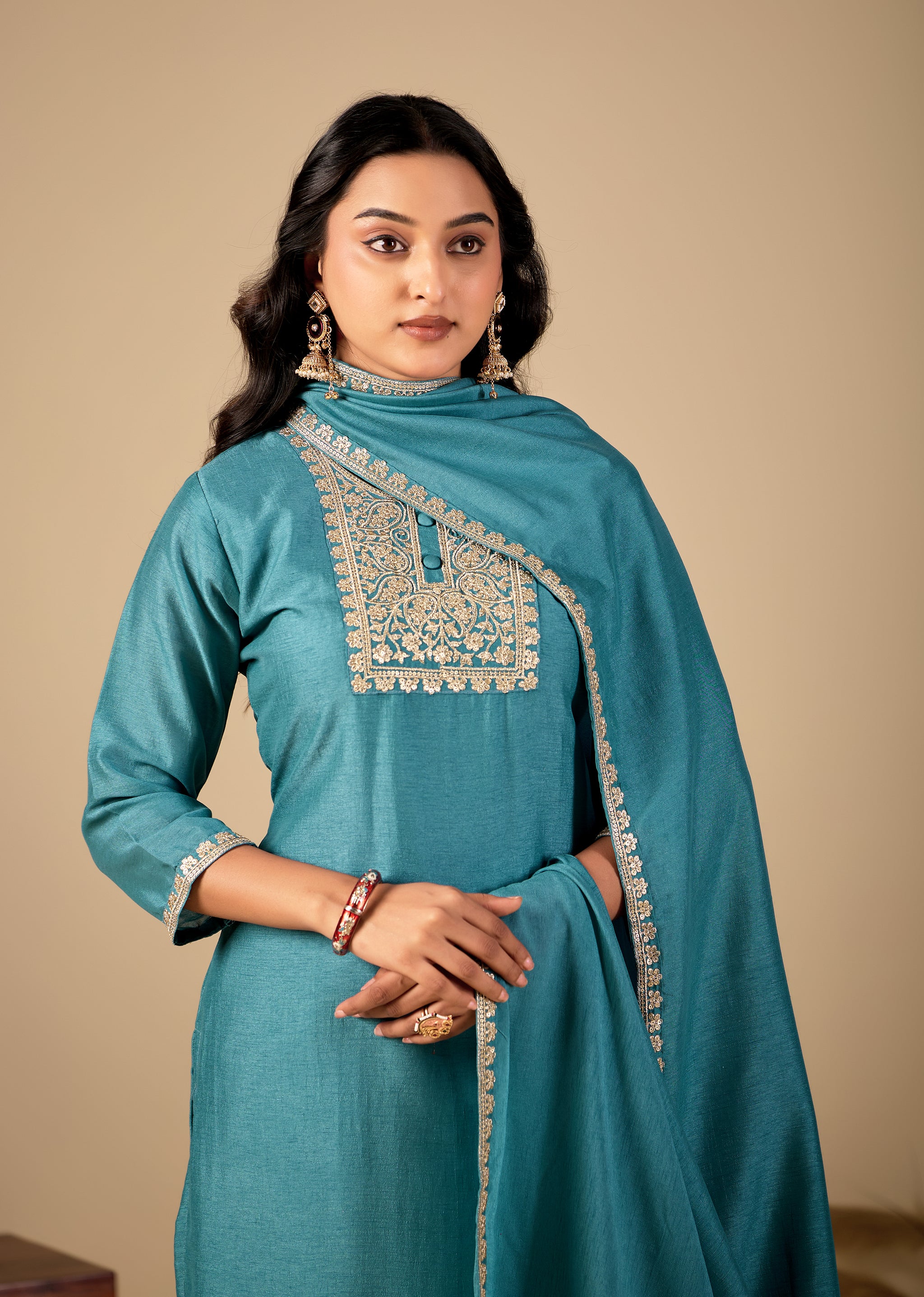 Teal Blue Straight Kurta Pant Set with Zari Embroidered Yoke & Dupatta