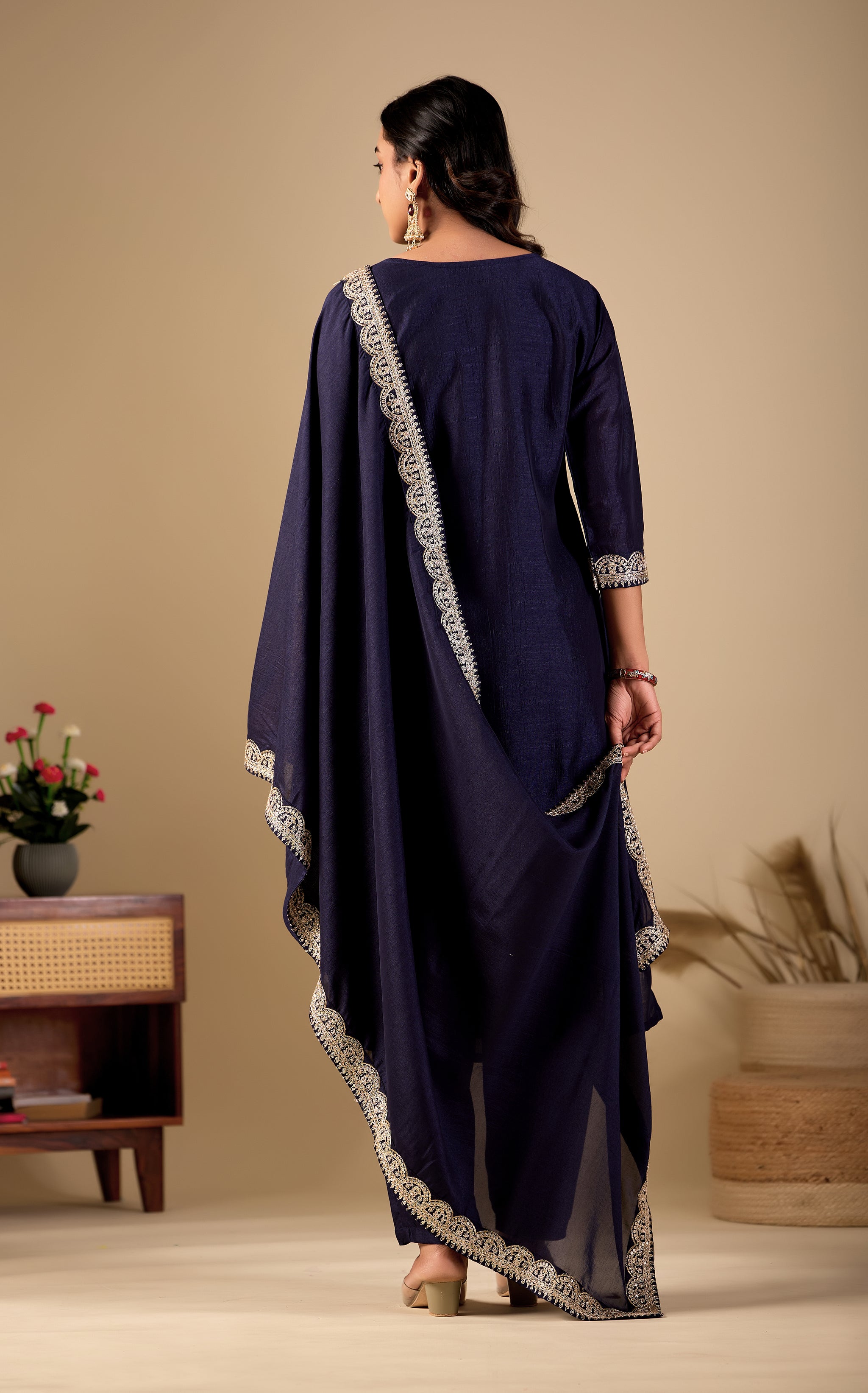Navy Blue Straight Kurta Pant Set with Dupatta