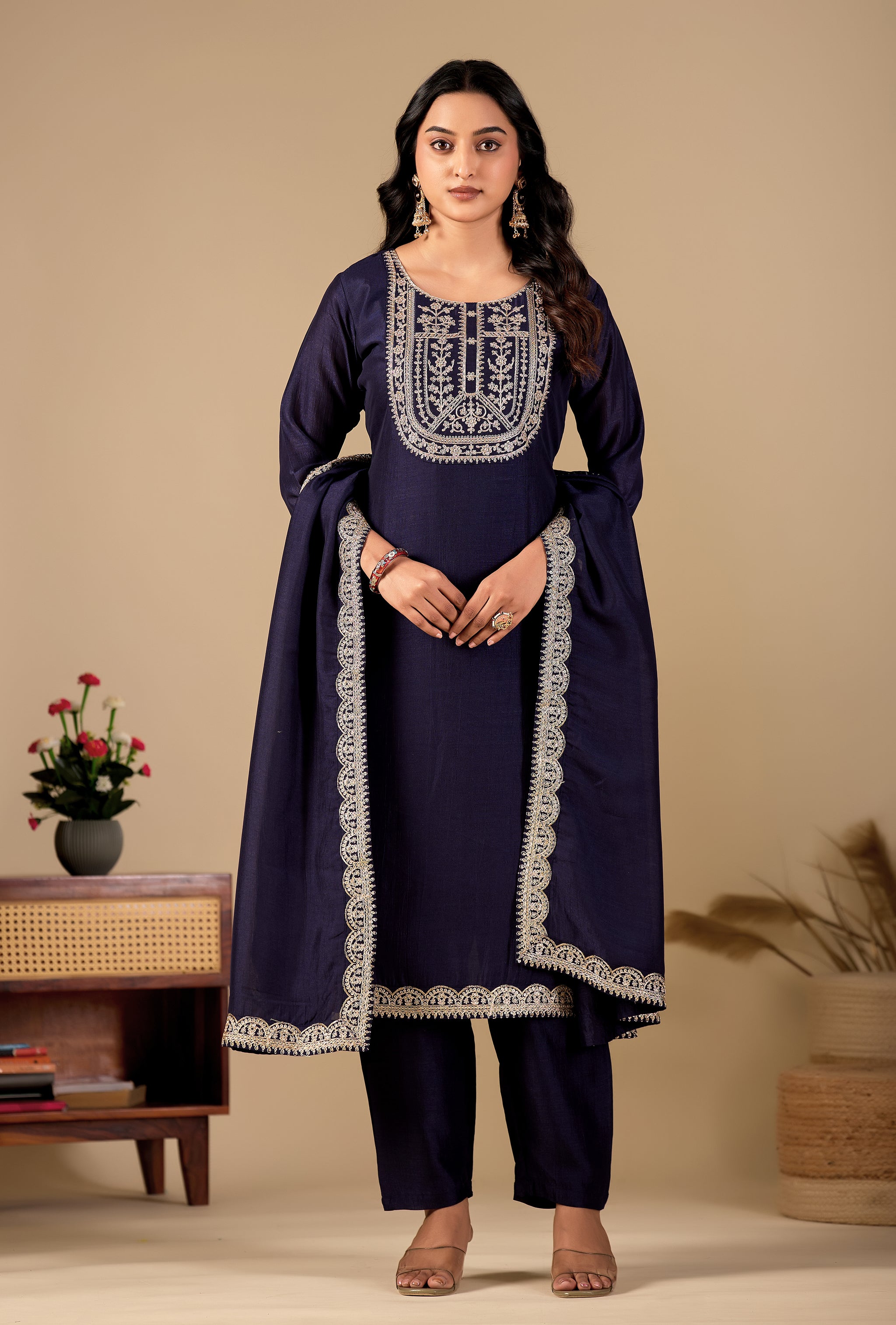 Navy Blue Straight Kurta Pant Set with Dupatta