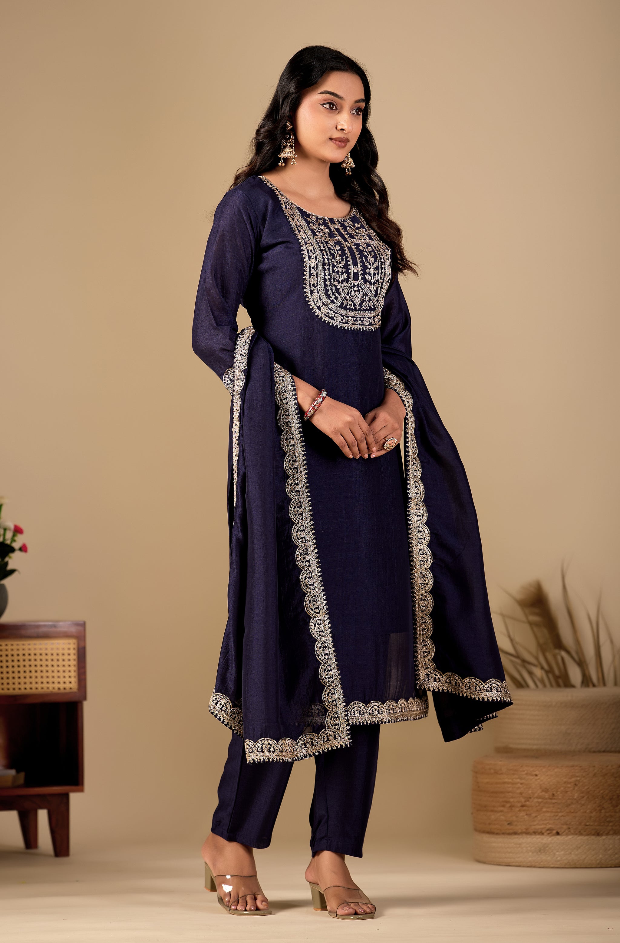 Navy Blue Straight Kurta Pant Set with Dupatta