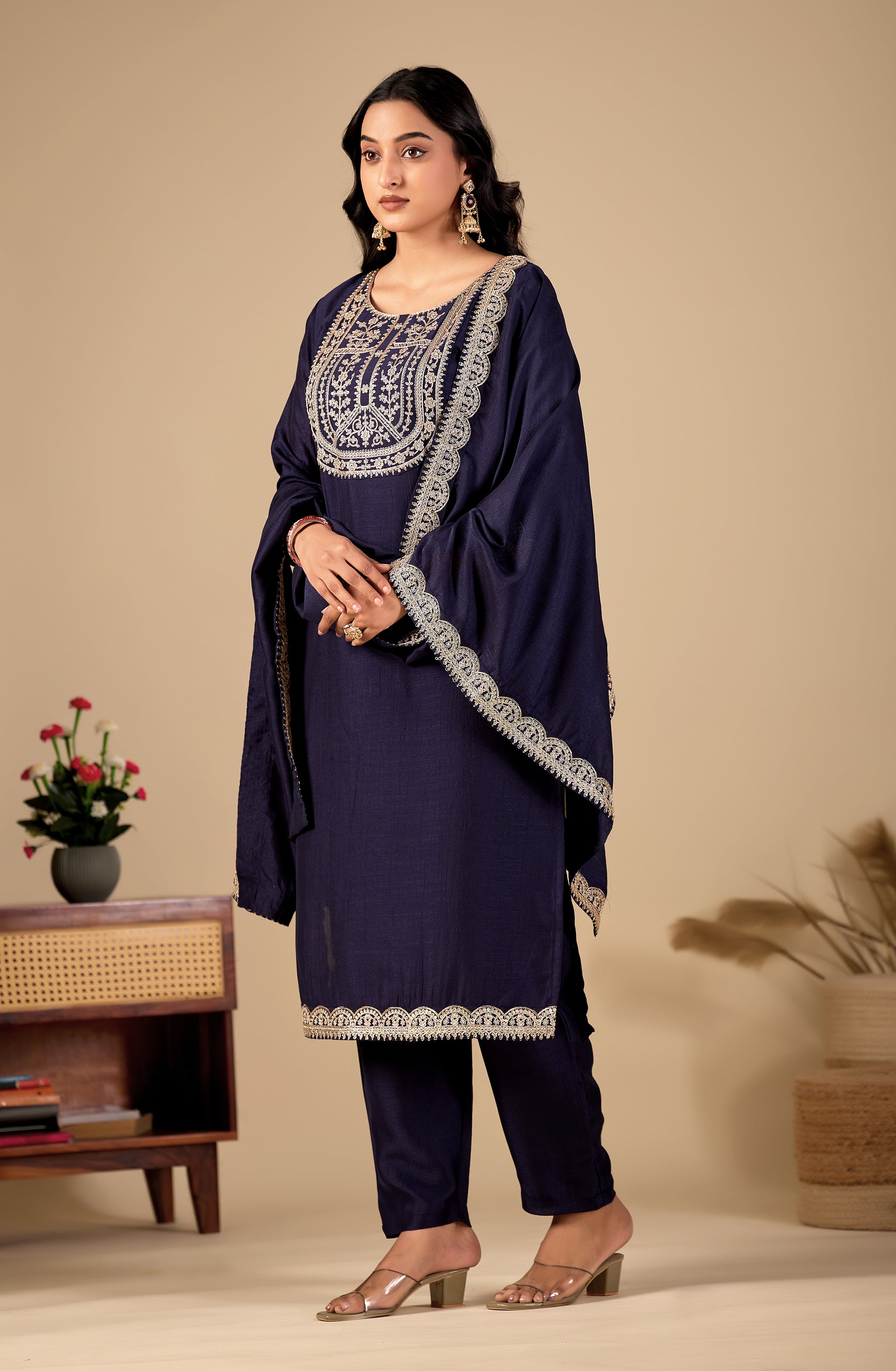 Navy Blue Straight Kurta Pant Set with Dupatta