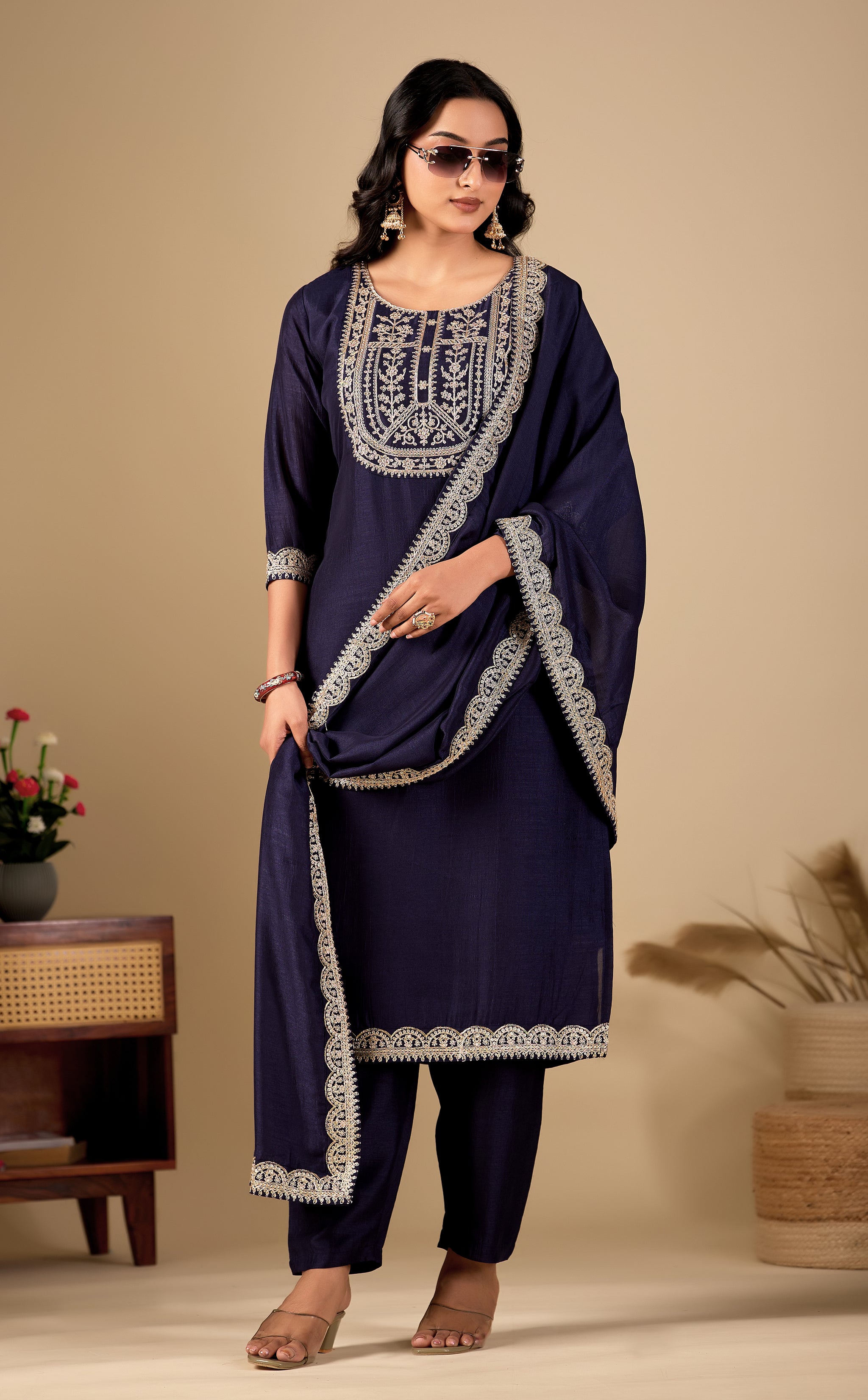 Navy Blue Straight Kurta Pant Set with Dupatta