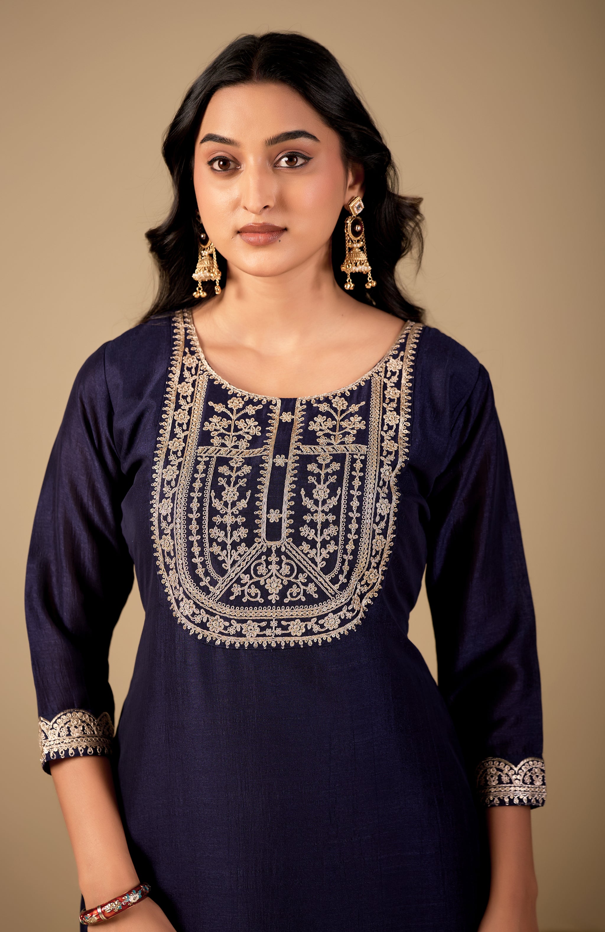 Navy Blue Straight Kurta Pant Set with Dupatta