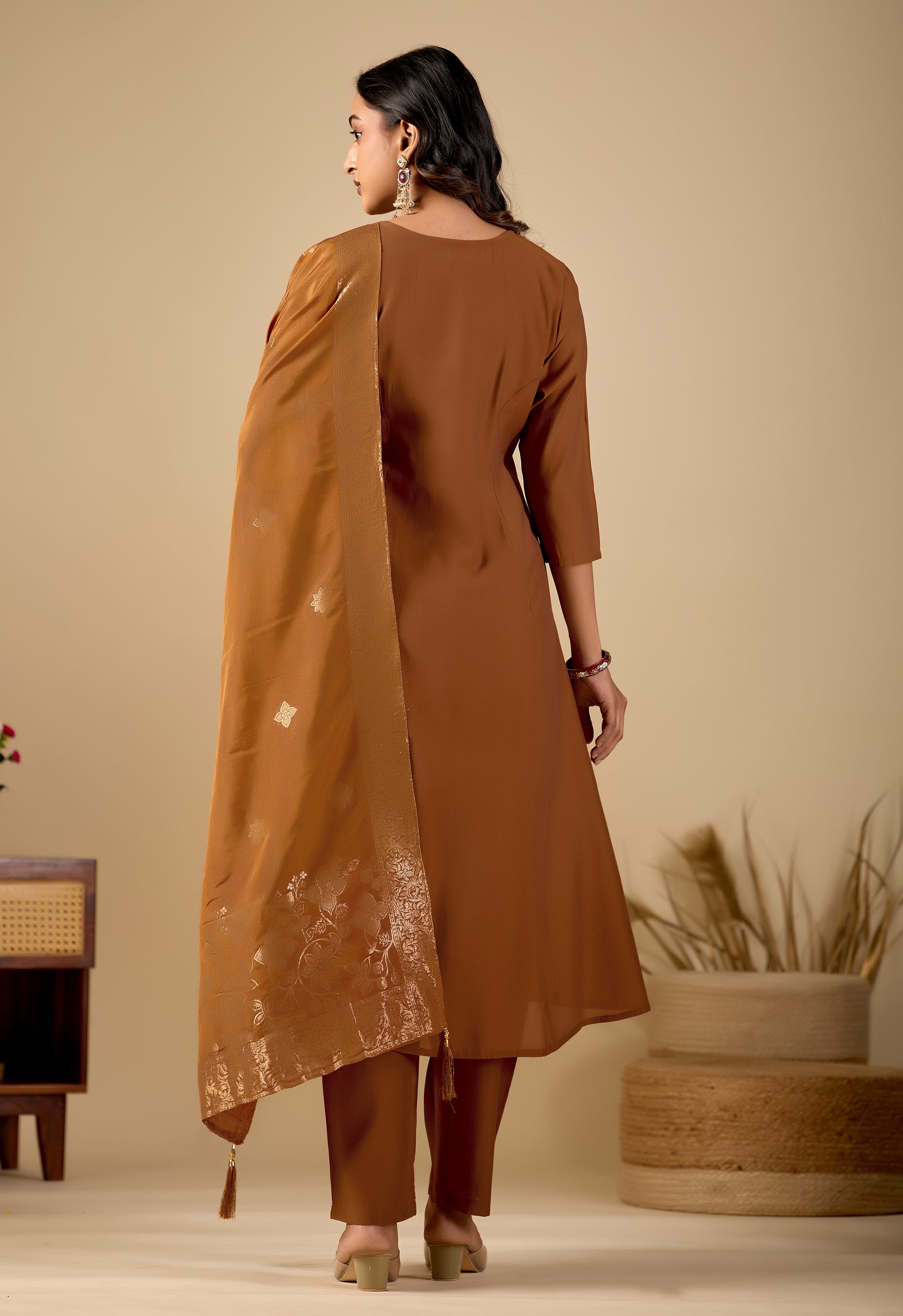 Chocolate Brown Anarkali Kurta Pant Set with Zari Embroidered Yoke & Dupatta