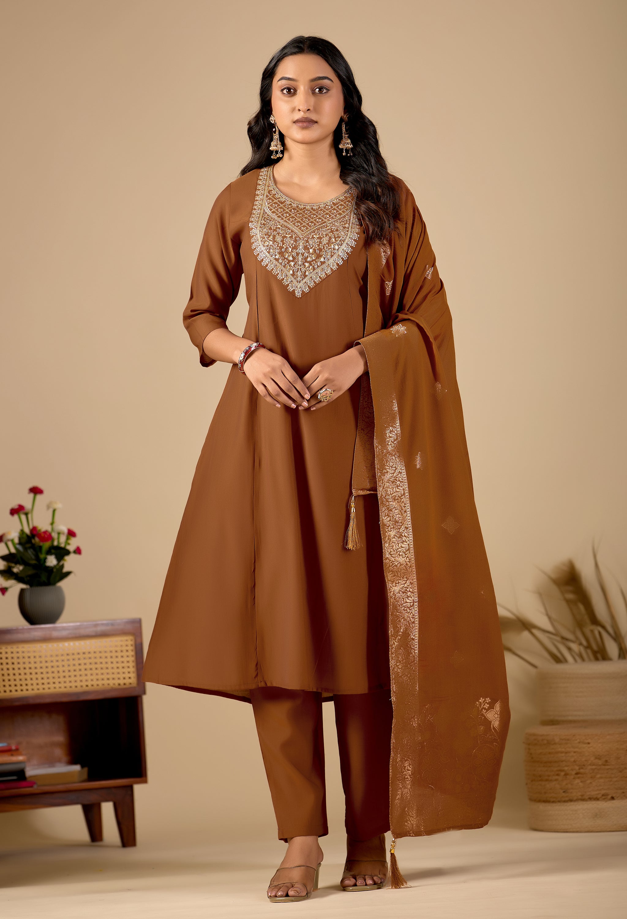 Chocolate Brown Anarkali Kurta Pant Set with Zari Embroidered Yoke & Dupatta
