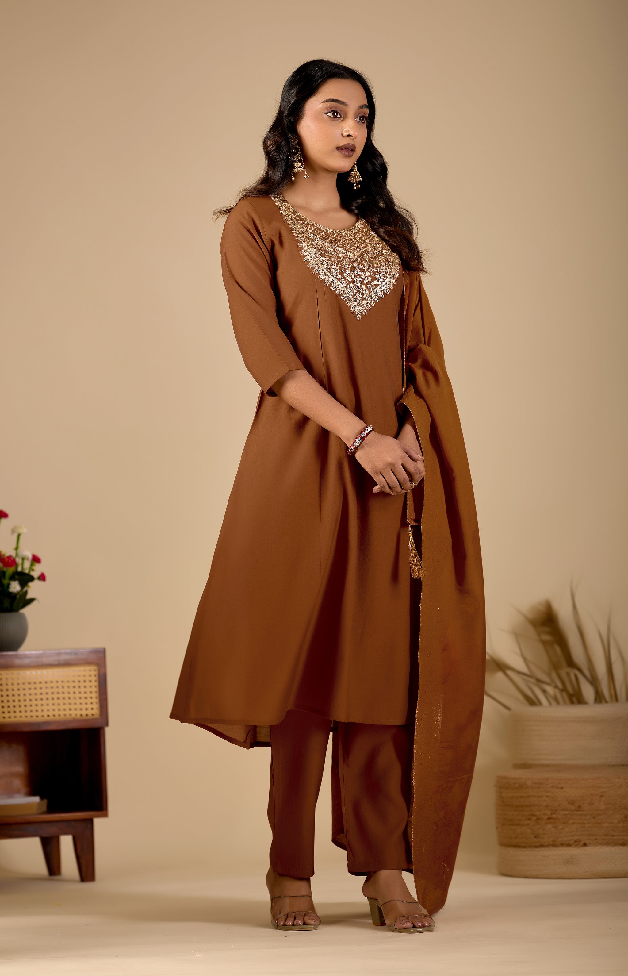 Chocolate Brown Anarkali Kurta Pant Set with Zari Embroidered Yoke & Dupatta