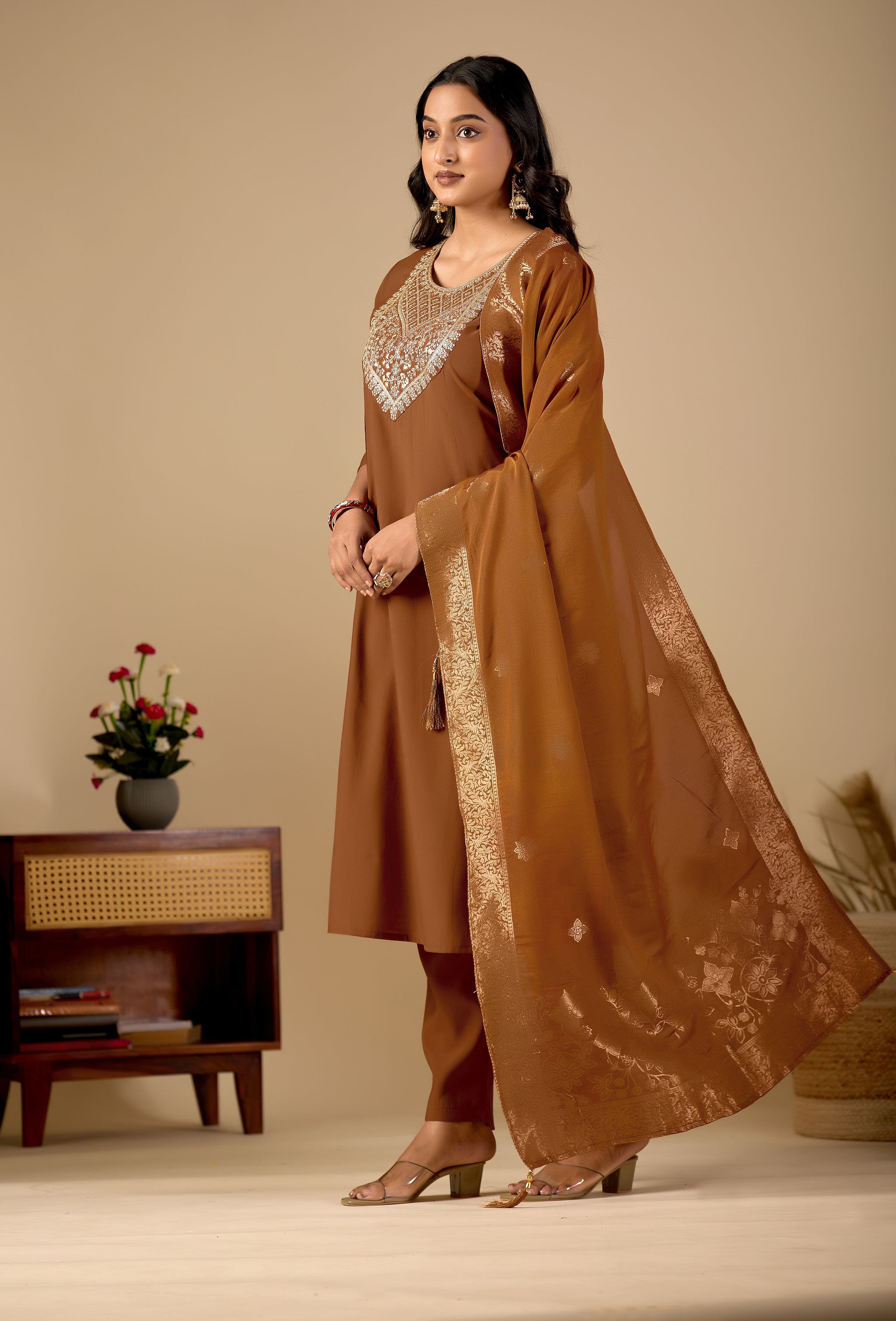 Chocolate Brown Anarkali Kurta Pant Set with Zari Embroidered Yoke & Dupatta