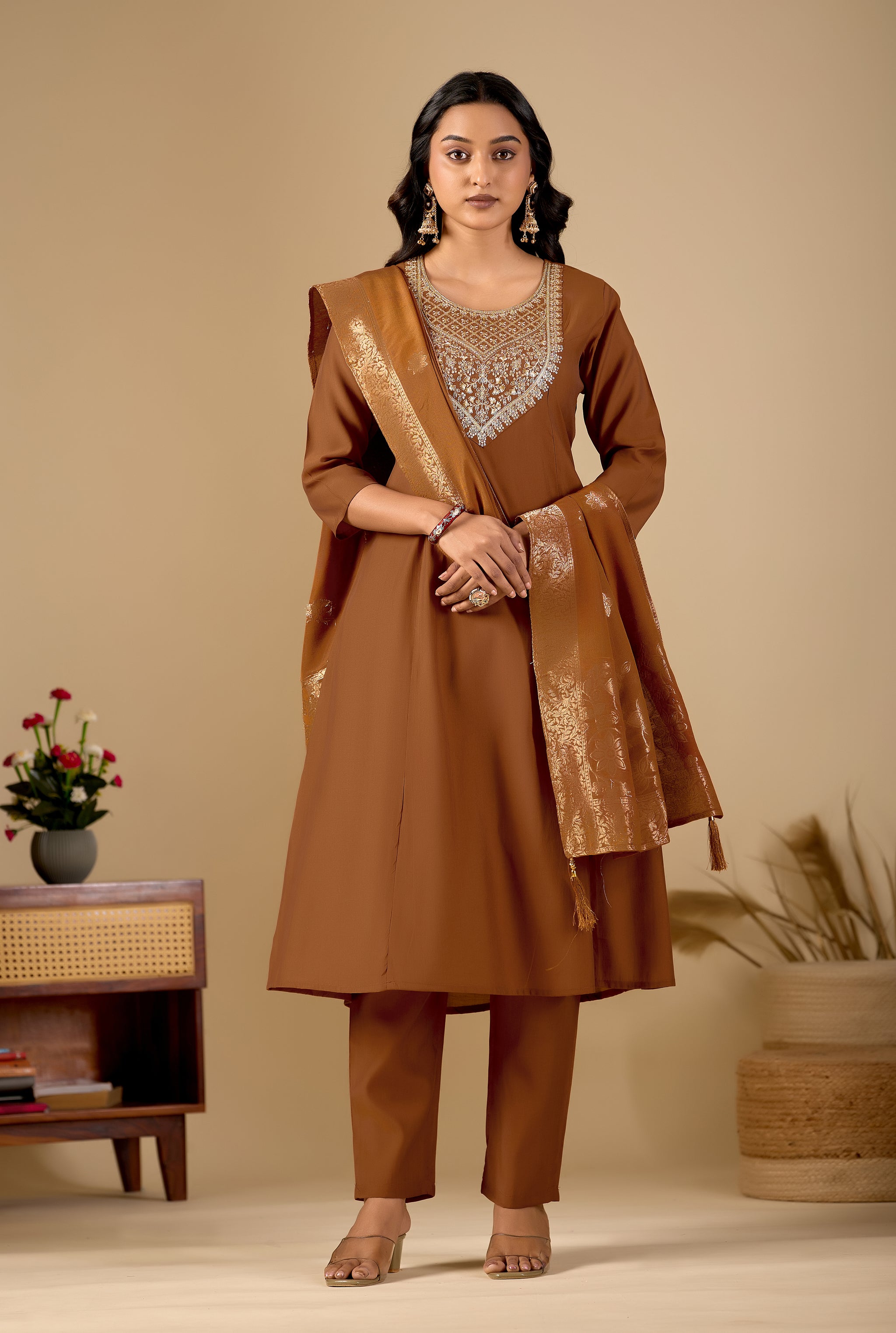 Chocolate Brown Anarkali Kurta Pant Set with Zari Embroidered Yoke & Dupatta