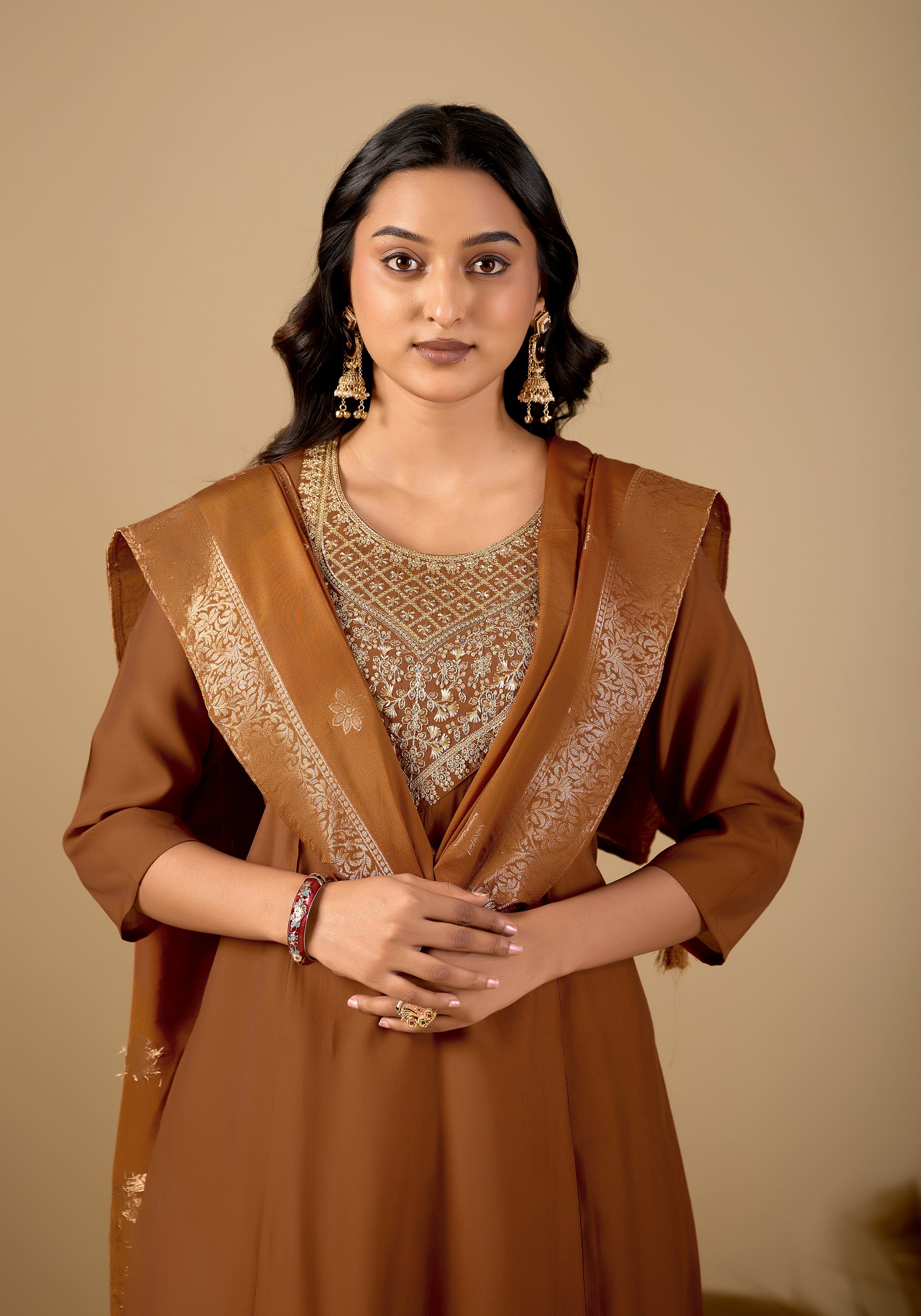 Chocolate Brown Anarkali Kurta Pant Set with Zari Embroidered Yoke & Dupatta