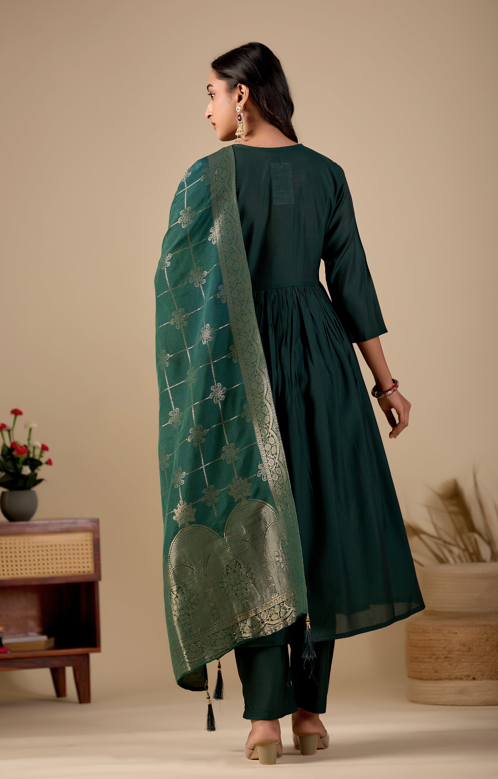 Bottle Green Gathered Anarkali Kurta Pant Set with Jacquard Dupatta