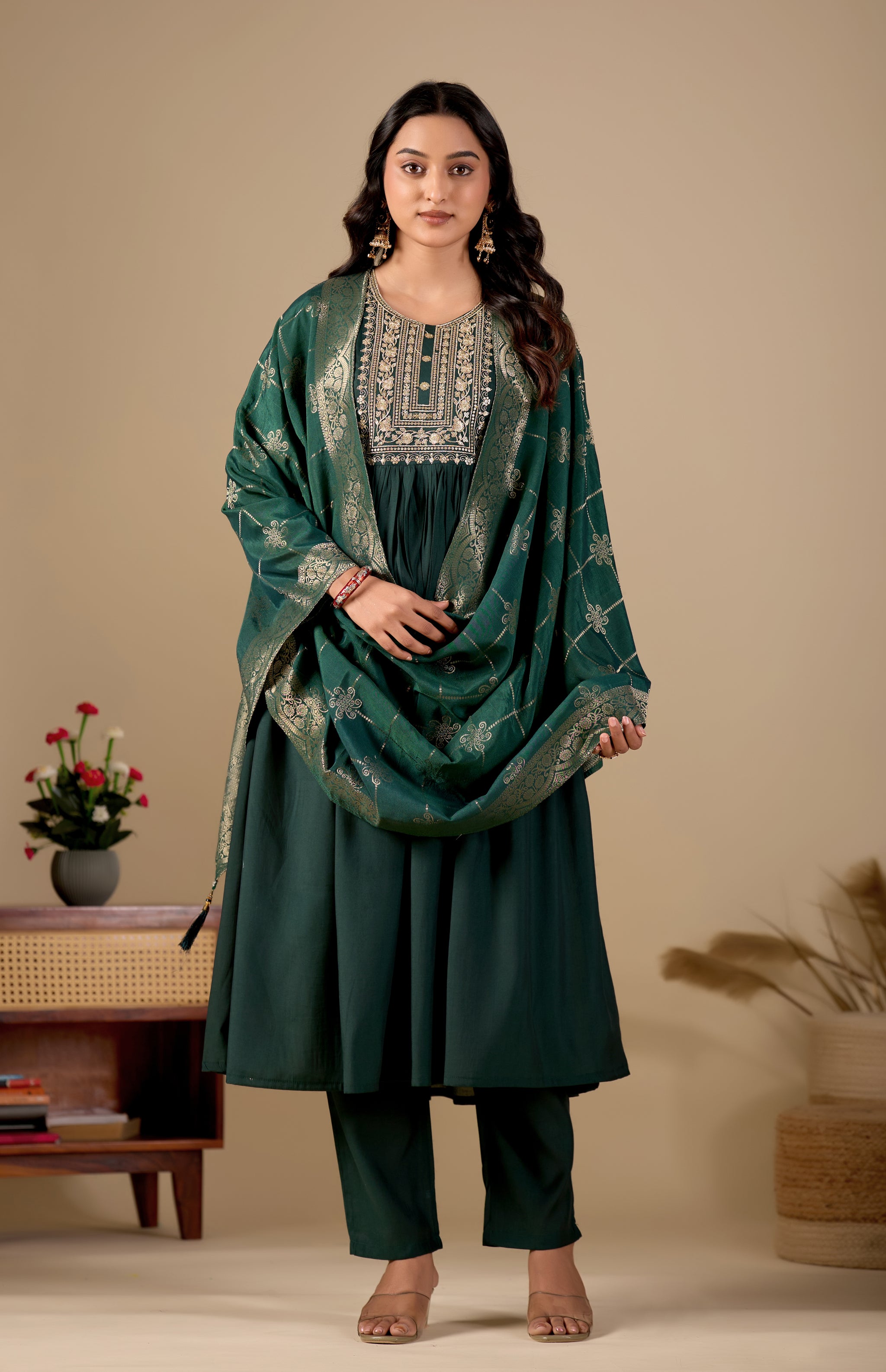 Bottle Green Gathered Anarkali Kurta Pant Set with Jacquard Dupatta