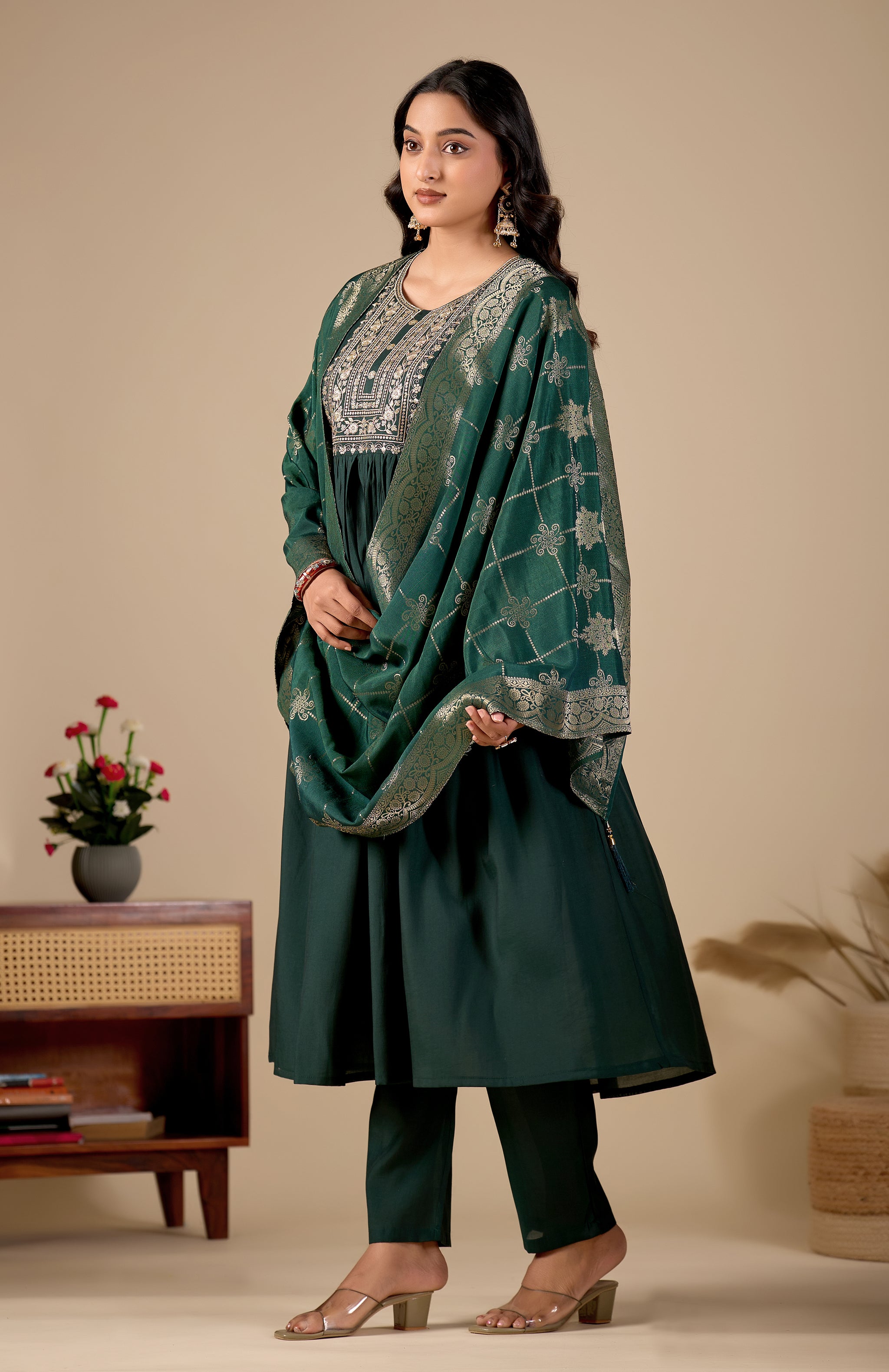 Bottle Green Gathered Anarkali Kurta Pant Set with Jacquard Dupatta