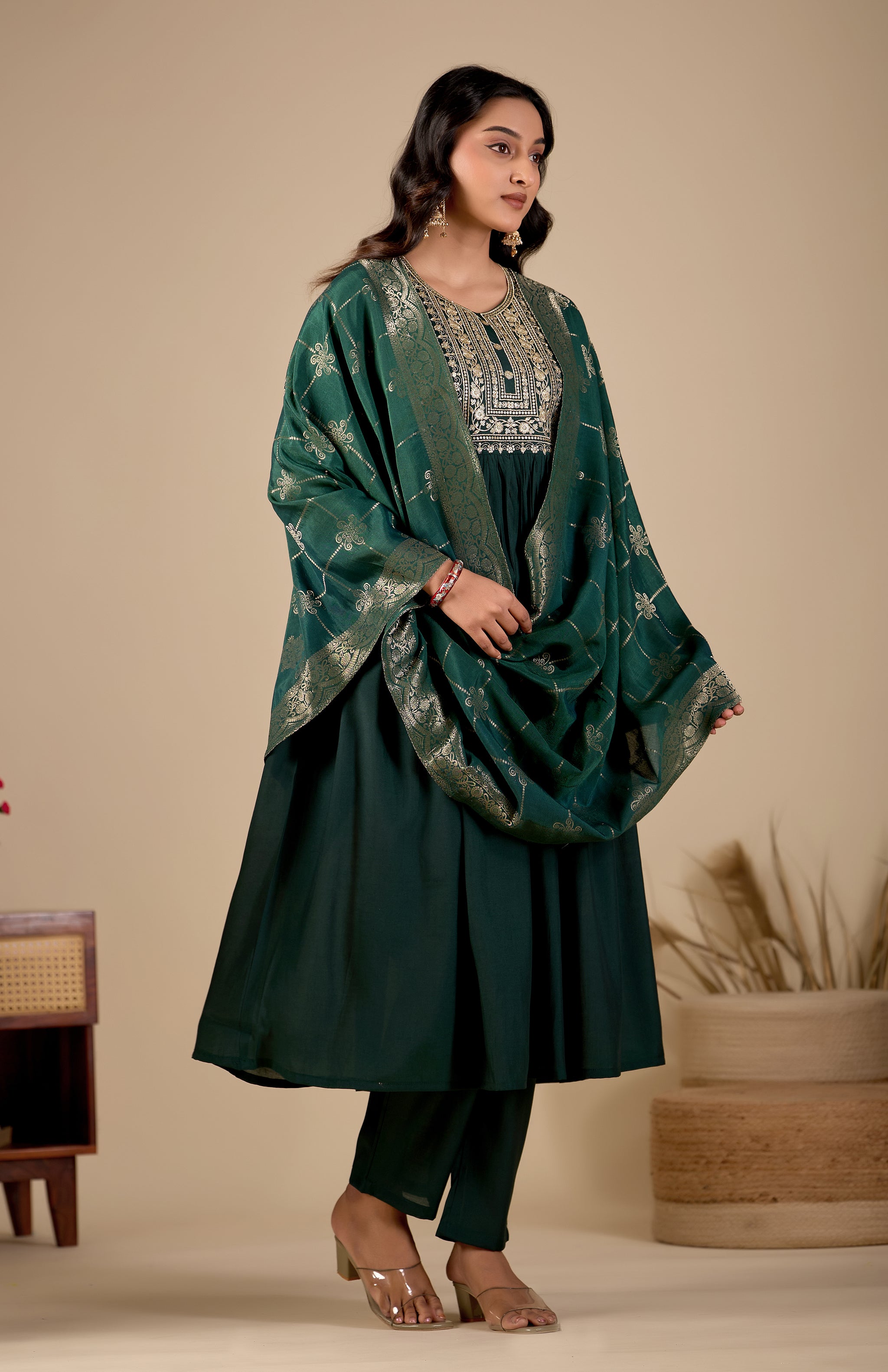 Bottle Green Gathered Anarkali Kurta Pant Set with Jacquard Dupatta
