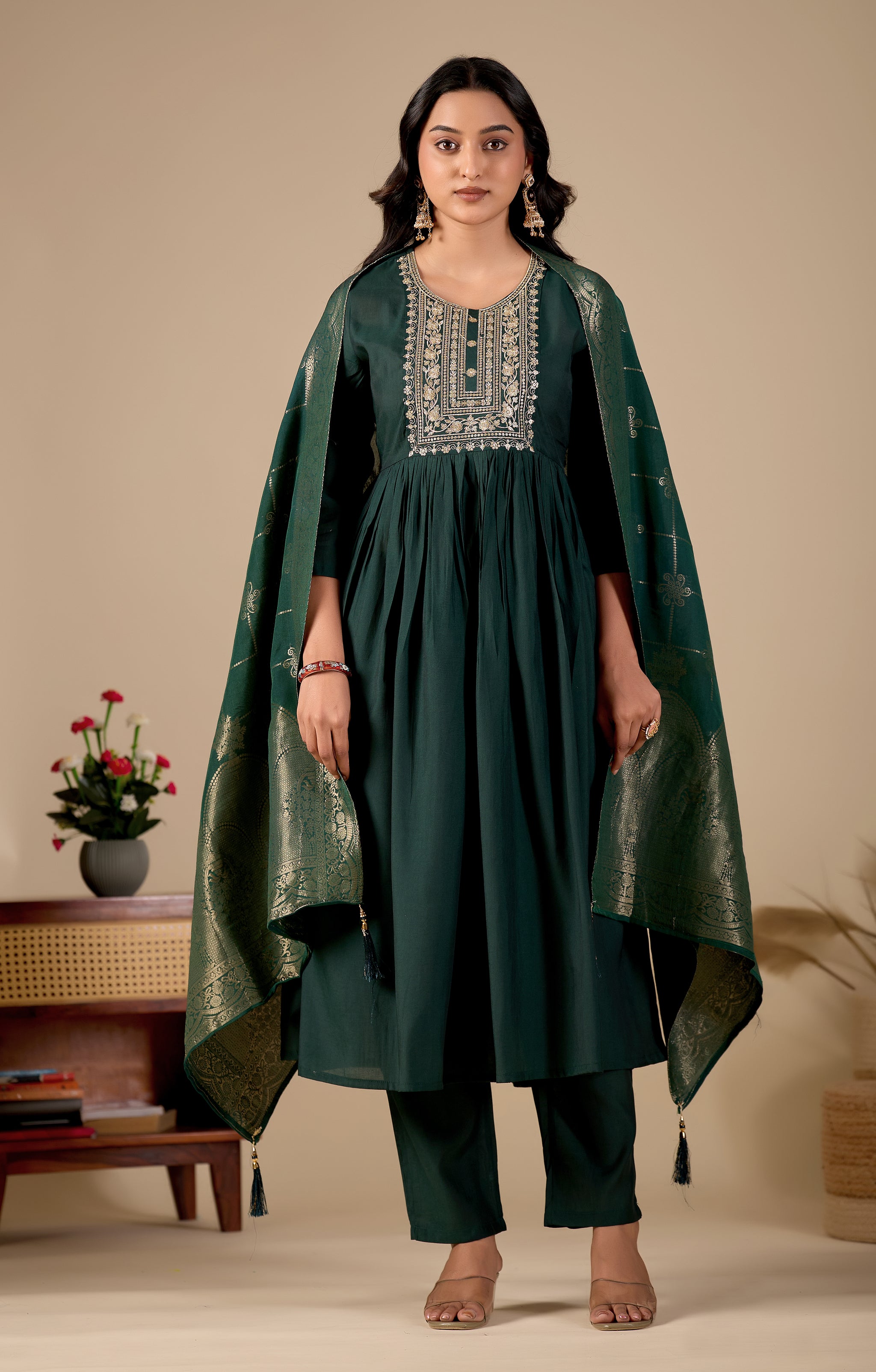 Bottle Green Gathered Anarkali Kurta Pant Set with Jacquard Dupatta