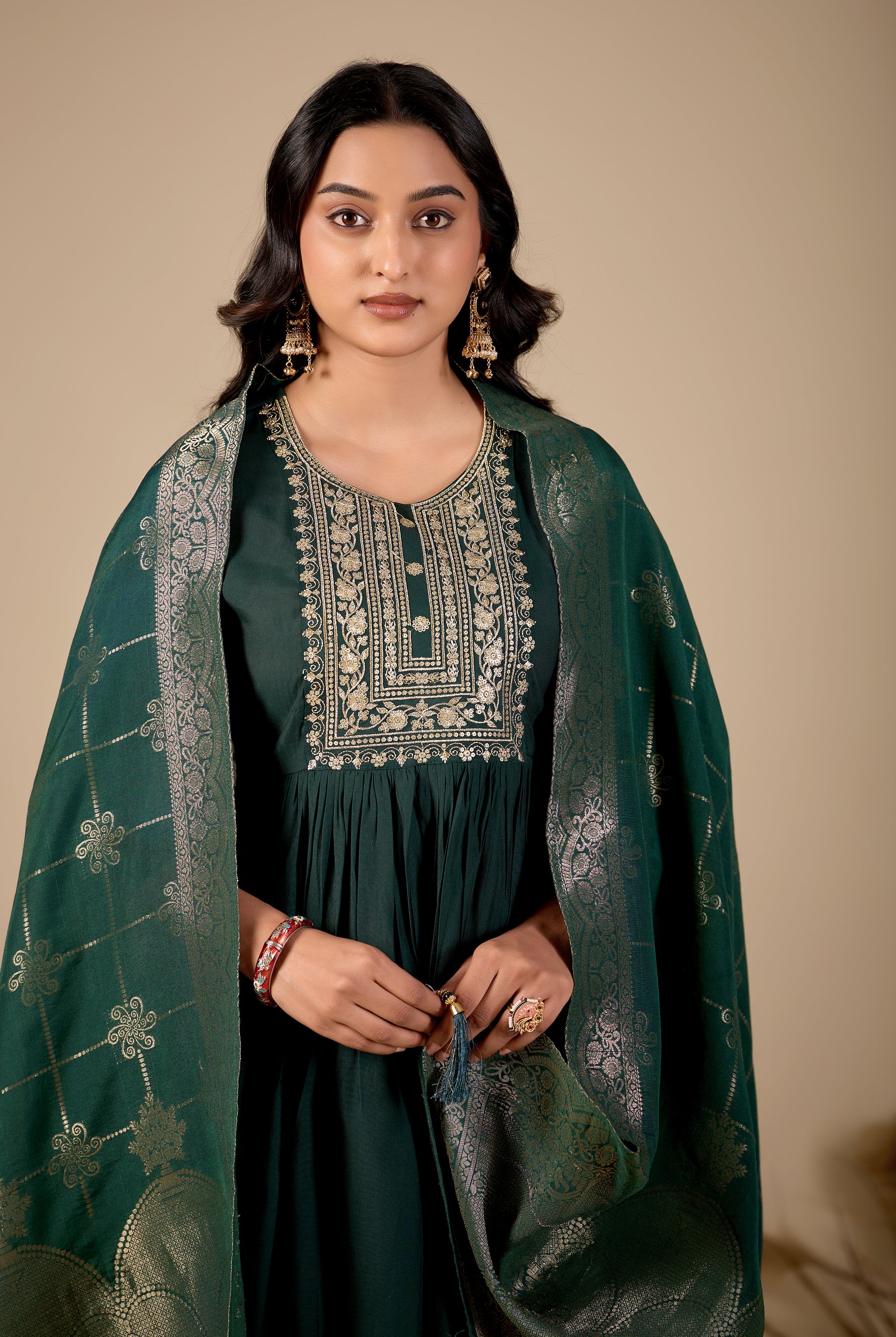 Bottle Green Gathered Anarkali Kurta Pant Set with Jacquard Dupatta