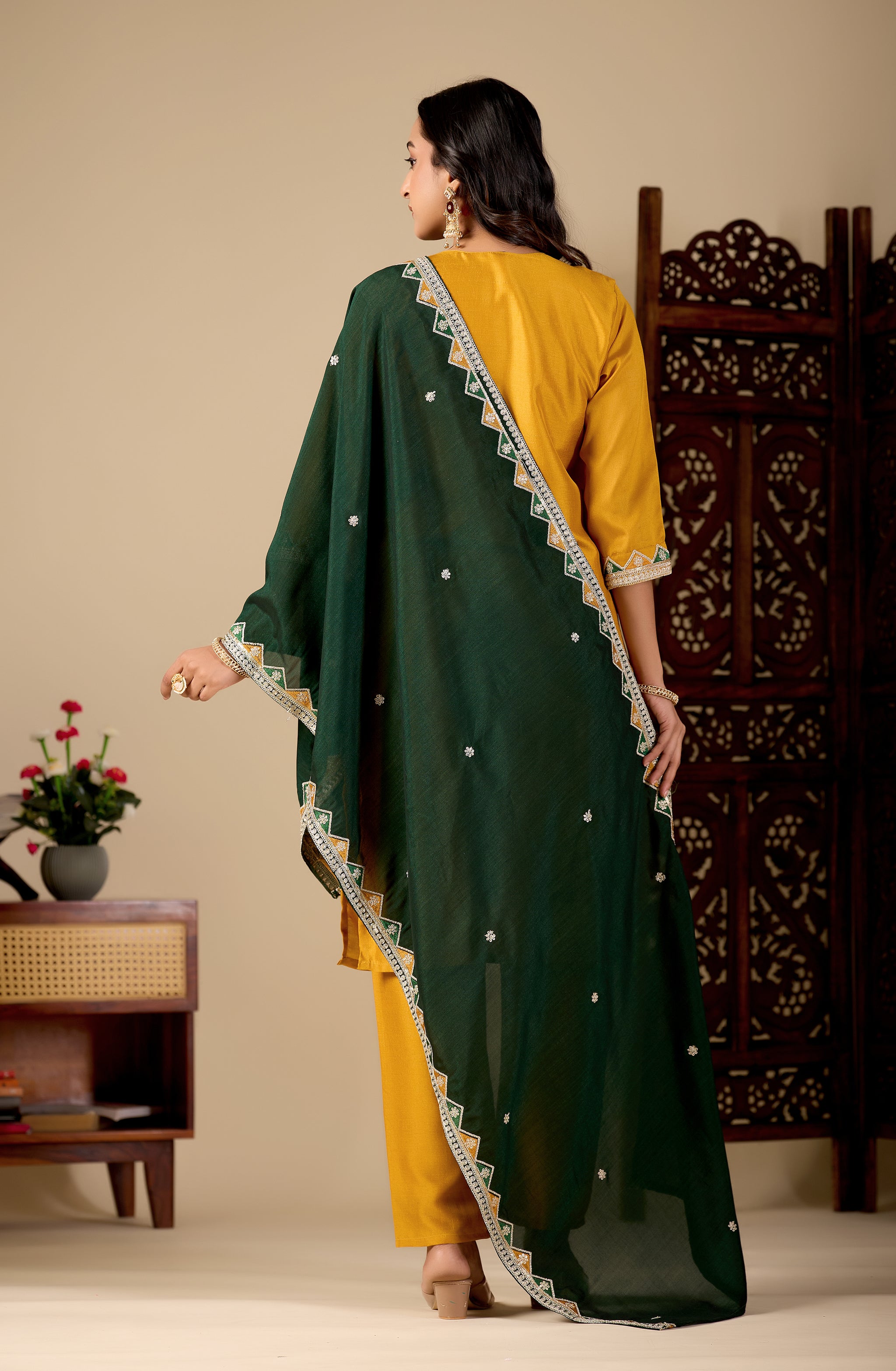Mustard V-Neck Kurta Set with Bottle Green Embroidered Dupatta