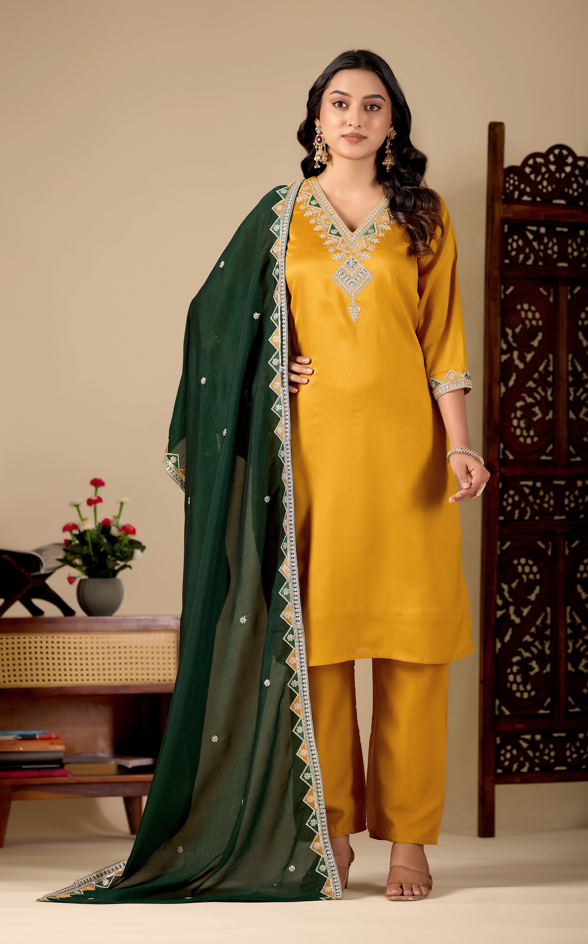 Mustard V-Neck Kurta Set with Bottle Green Embroidered Dupatta