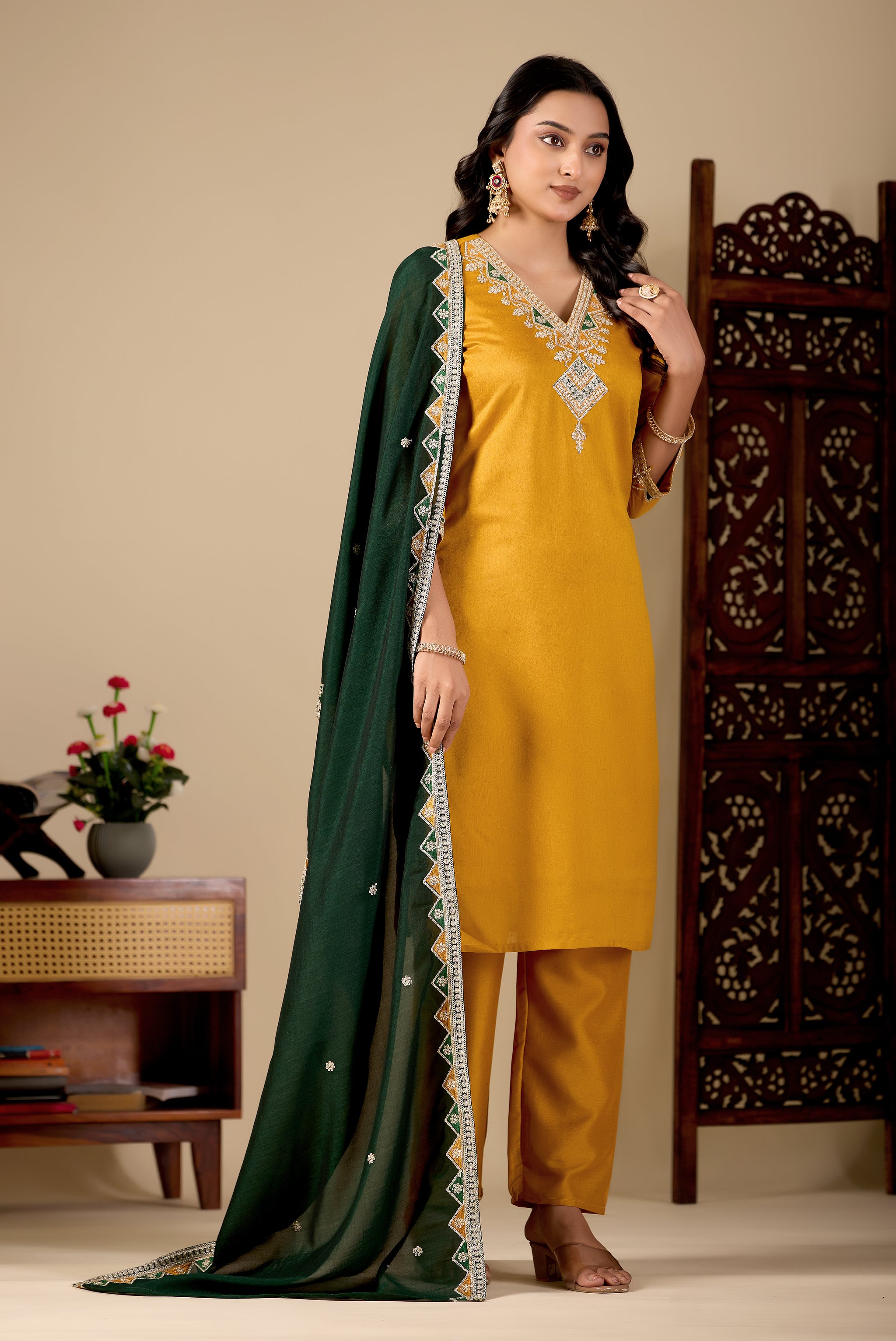Mustard V-Neck Kurta Set with Bottle Green Embroidered Dupatta