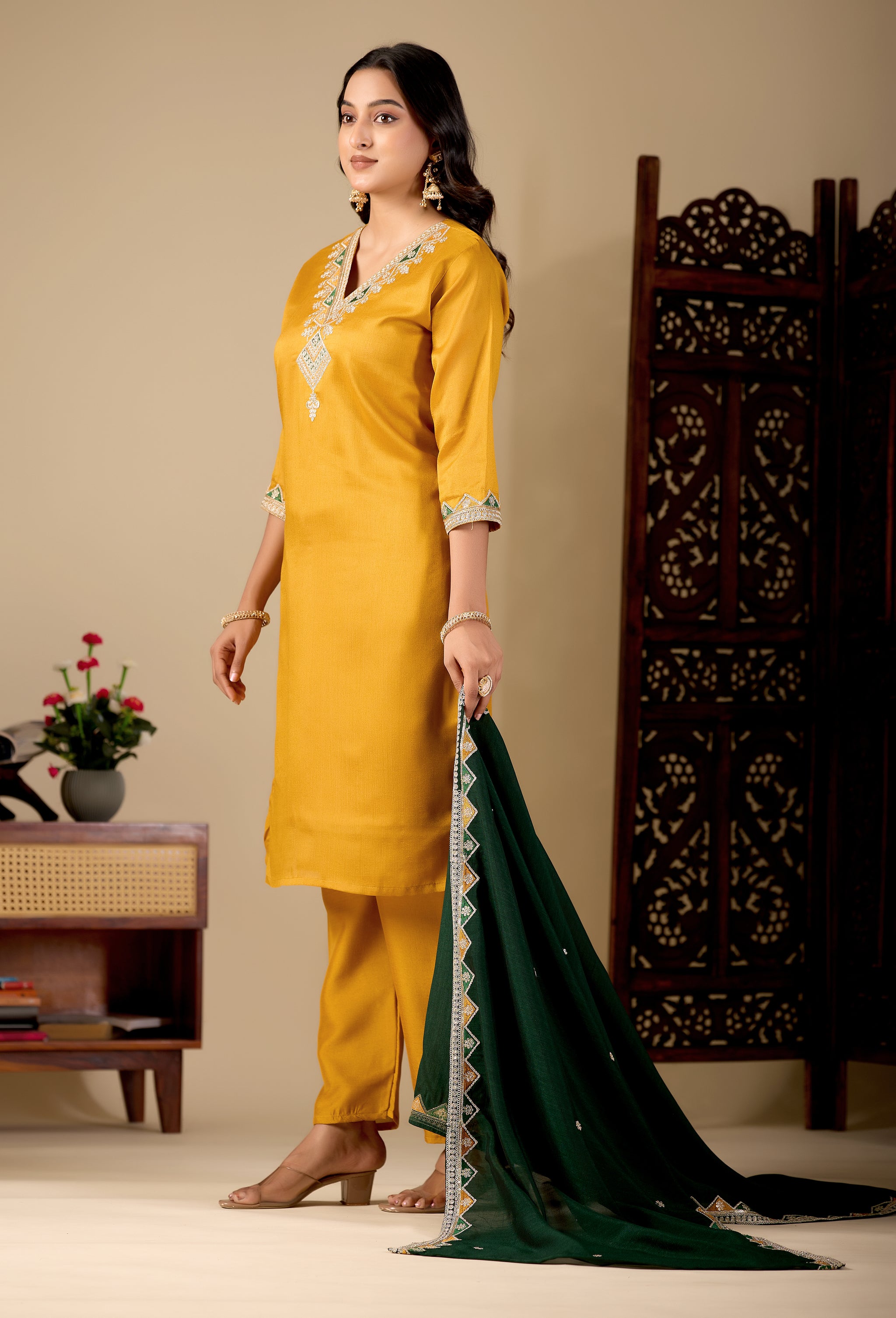 Mustard V-Neck Kurta Set with Bottle Green Embroidered Dupatta