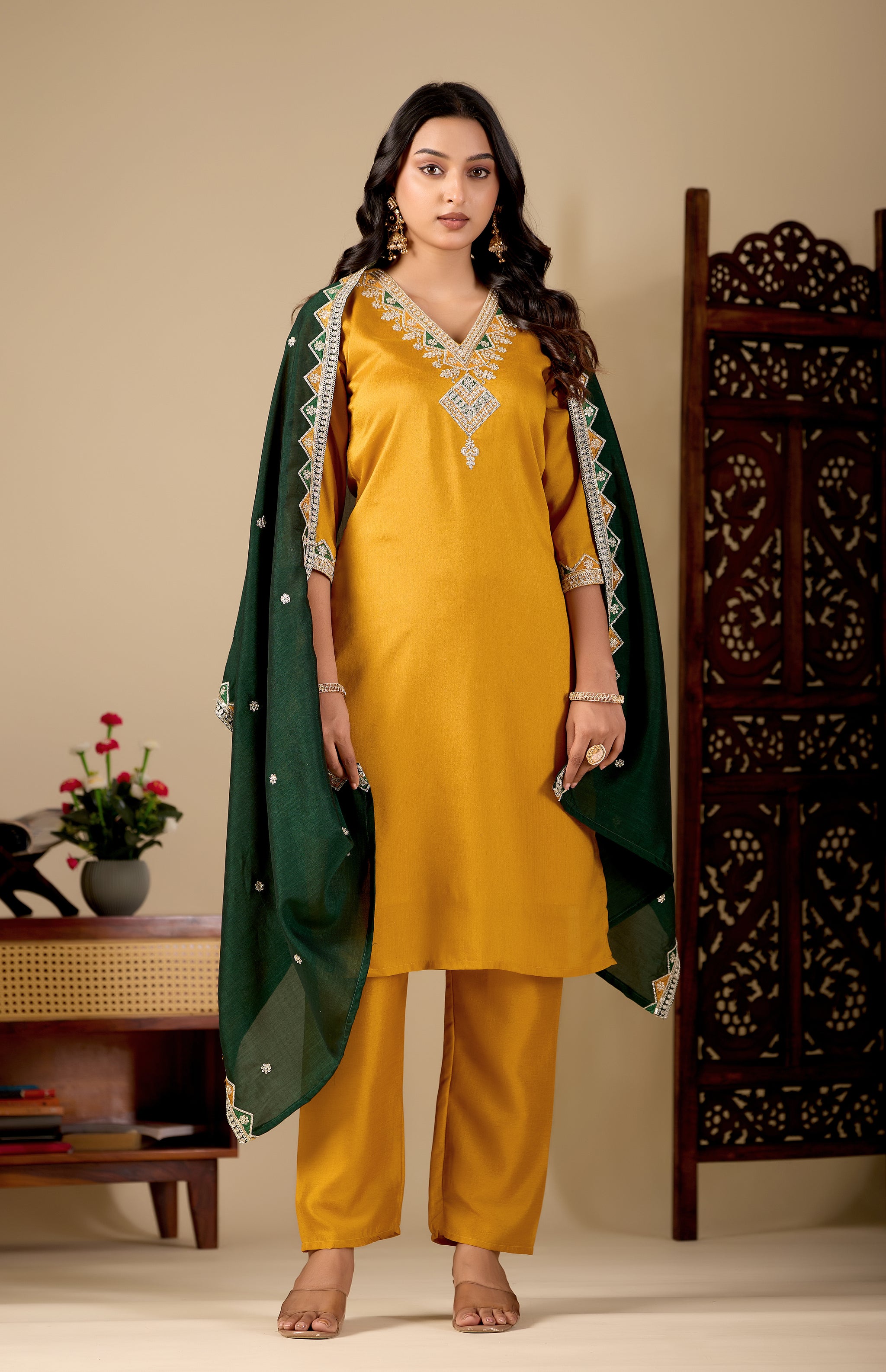 Mustard V-Neck Kurta Set with Bottle Green Embroidered Dupatta