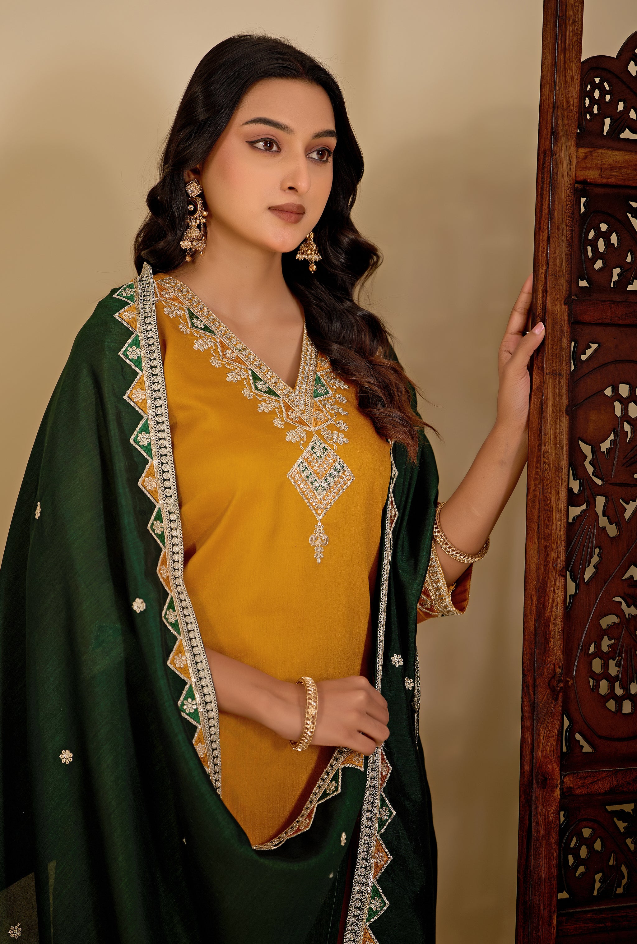 Mustard V-Neck Kurta Set with Bottle Green Embroidered Dupatta