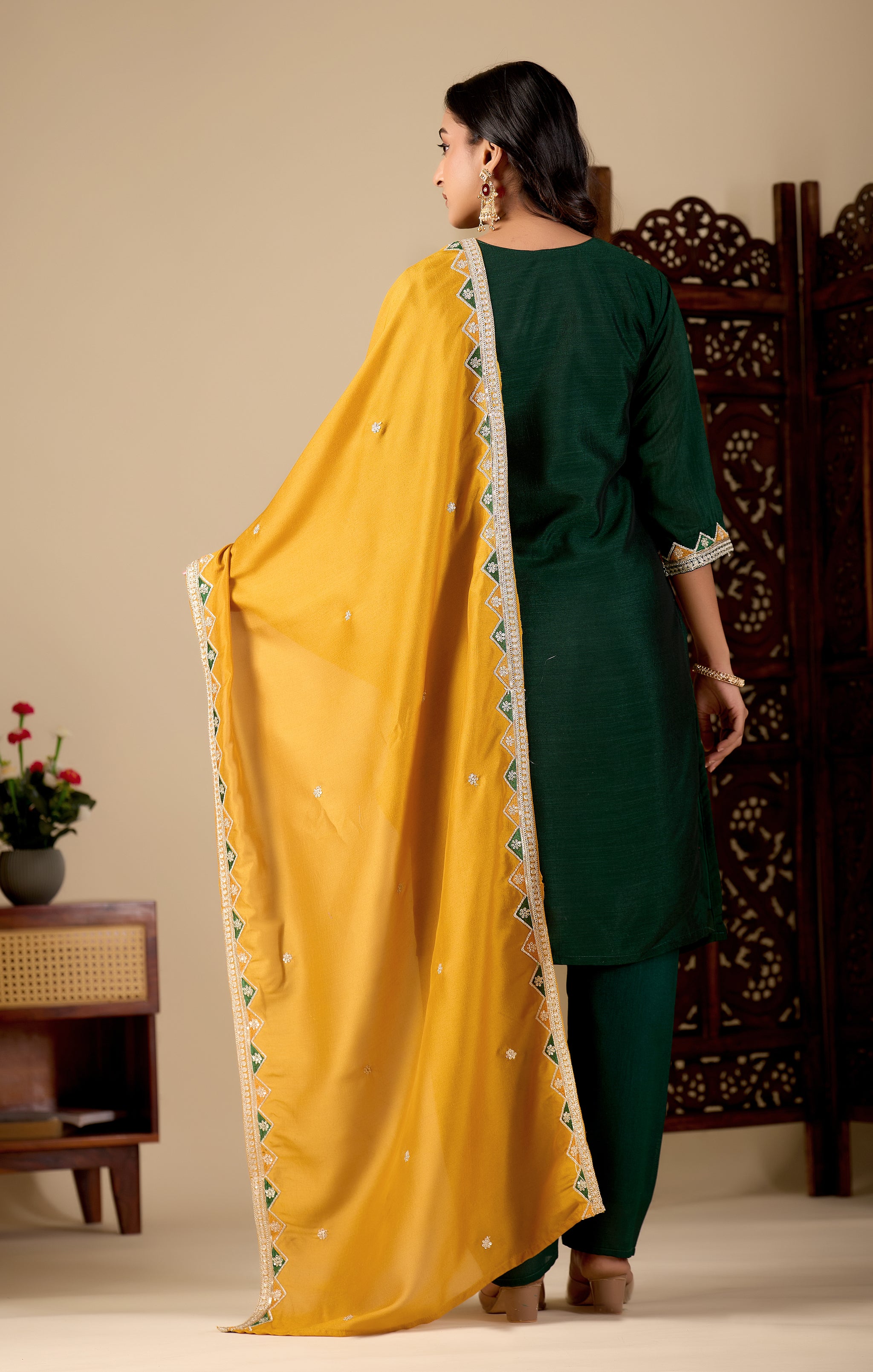 Bottle Green V-Neck Kurta Set with Mustard Embroidered Dupatta