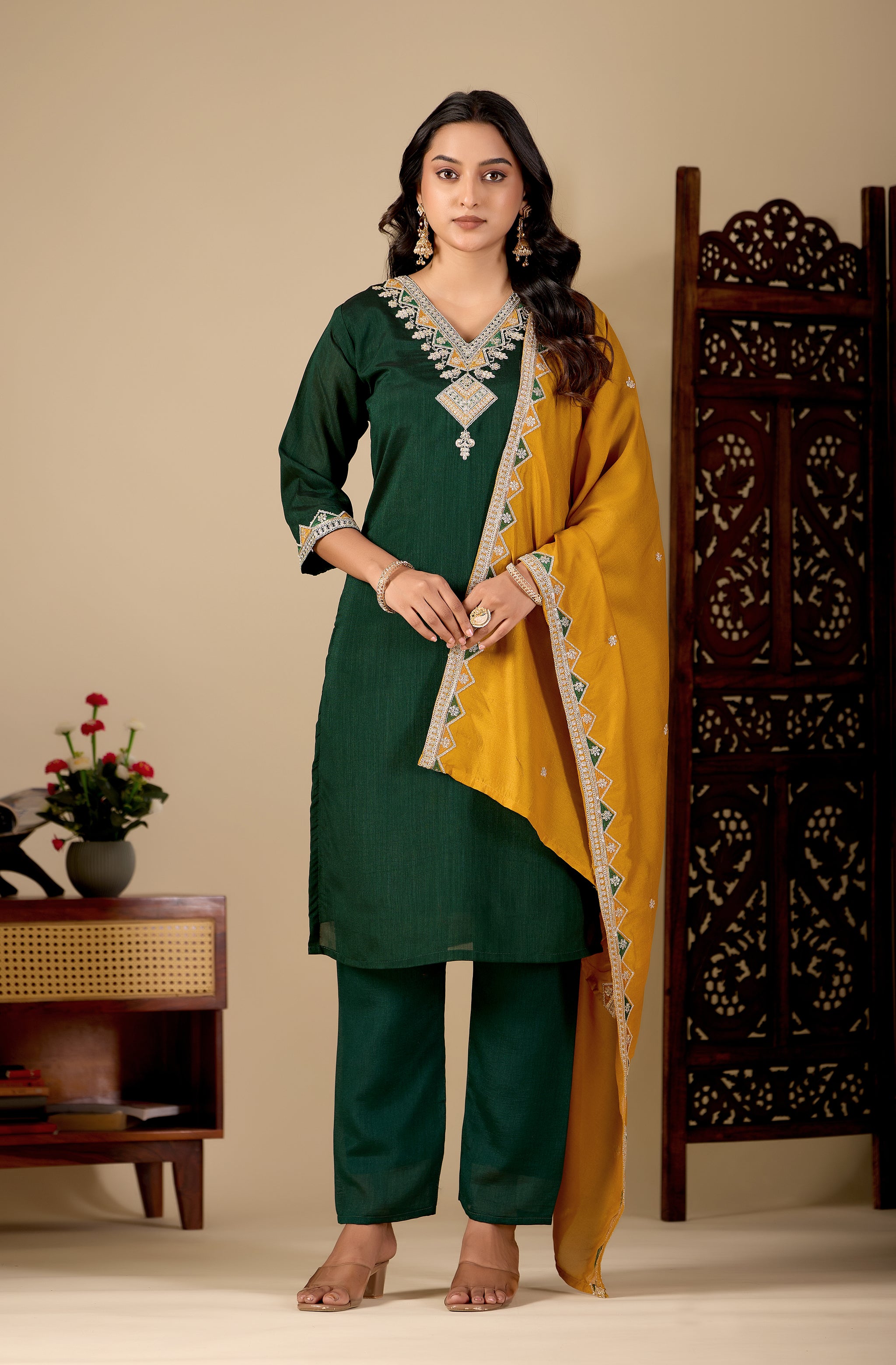Bottle Green V-Neck Kurta Set with Mustard Embroidered Dupatta