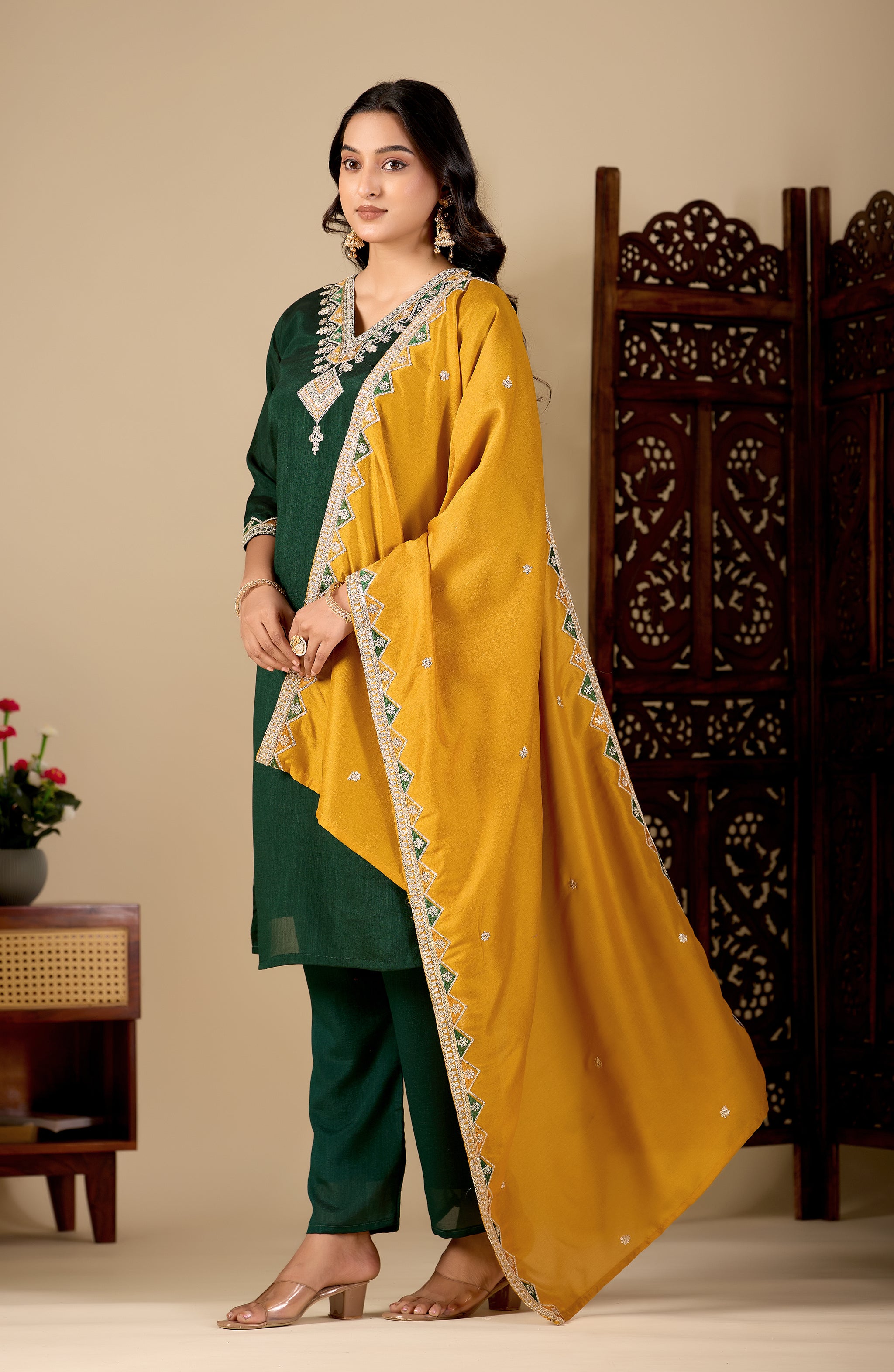 Bottle Green V-Neck Kurta Set with Mustard Embroidered Dupatta