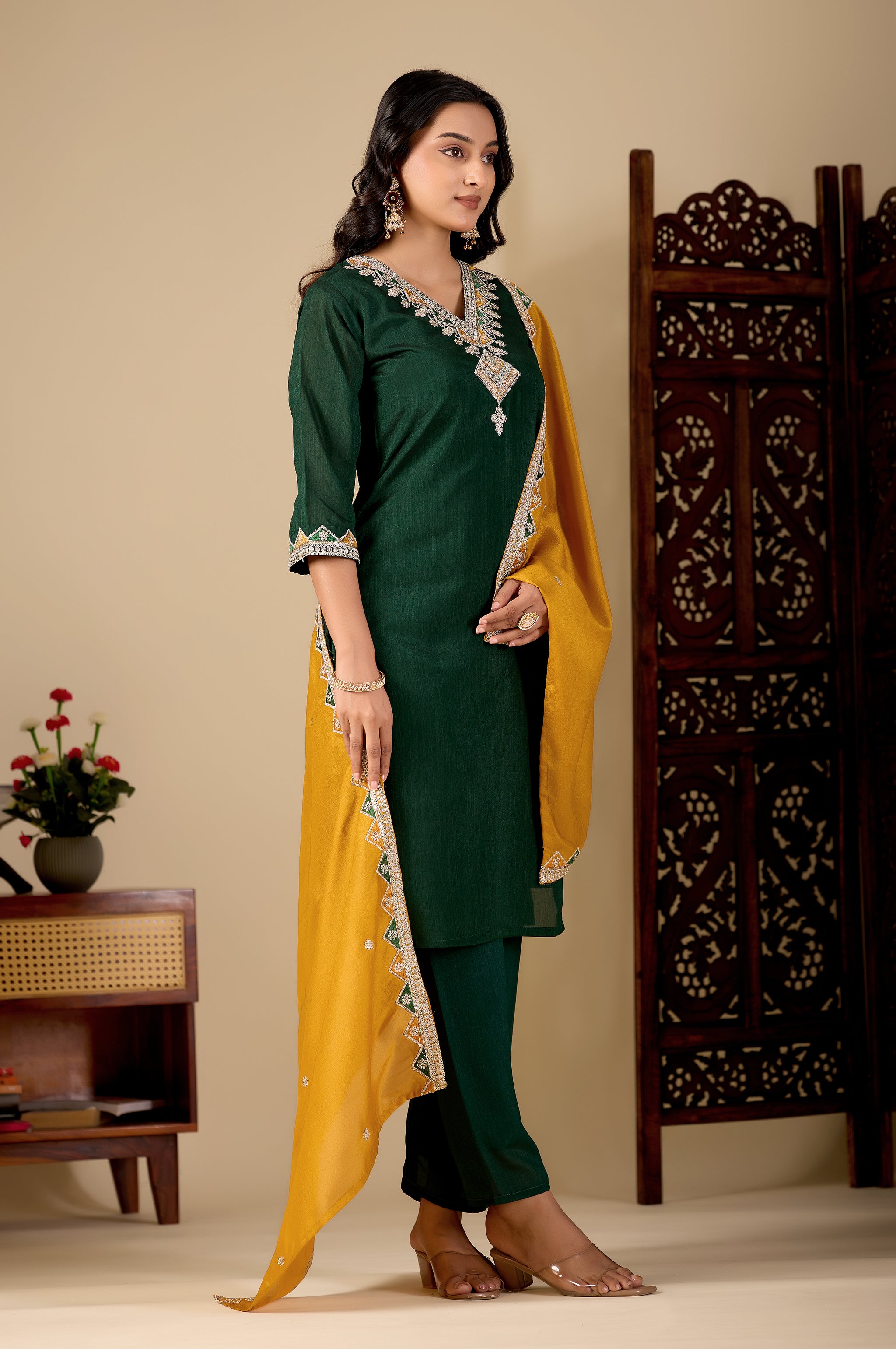 Bottle Green V-Neck Kurta Set with Mustard Embroidered Dupatta