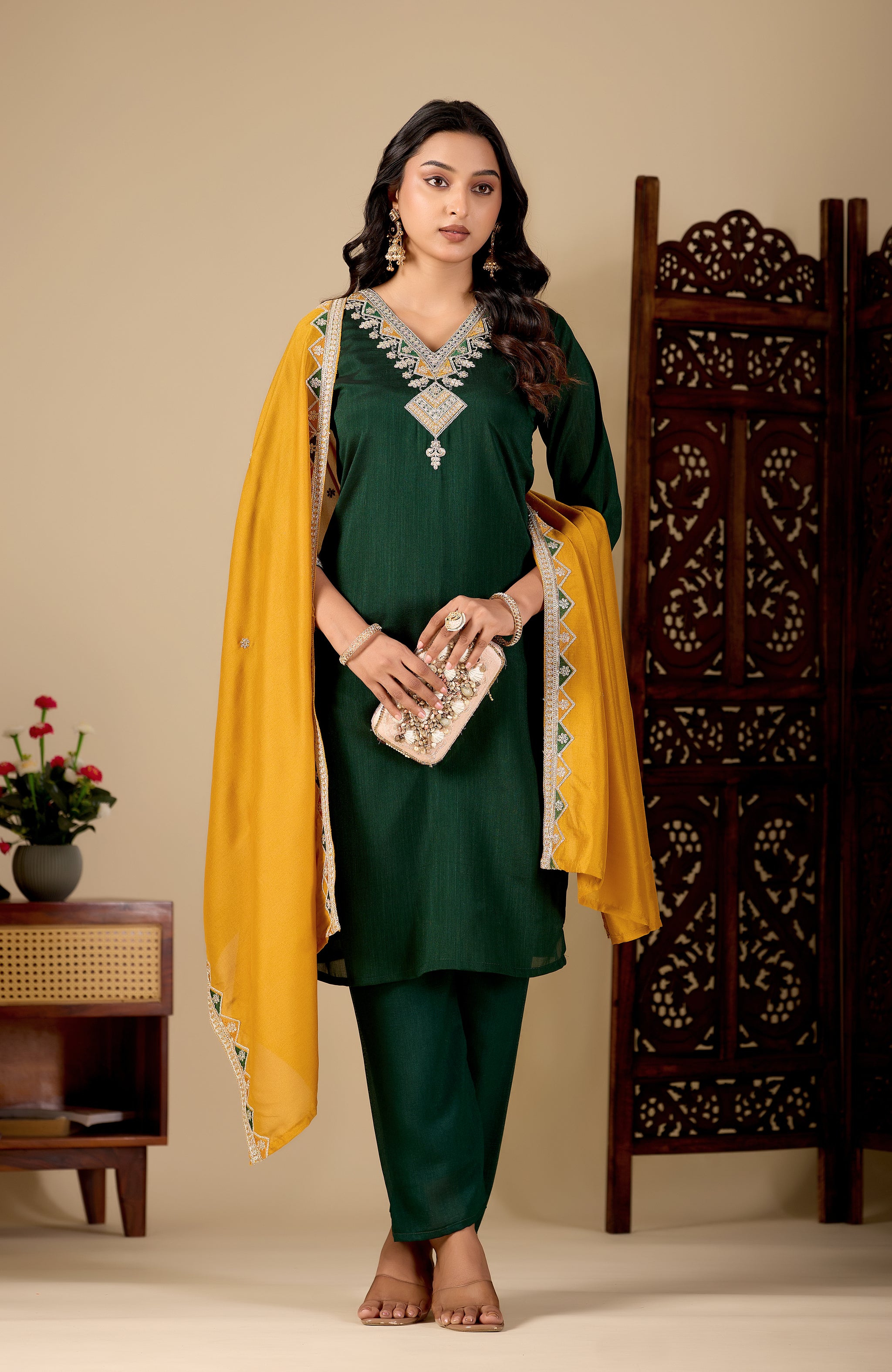 Bottle Green V-Neck Kurta Set with Mustard Embroidered Dupatta
