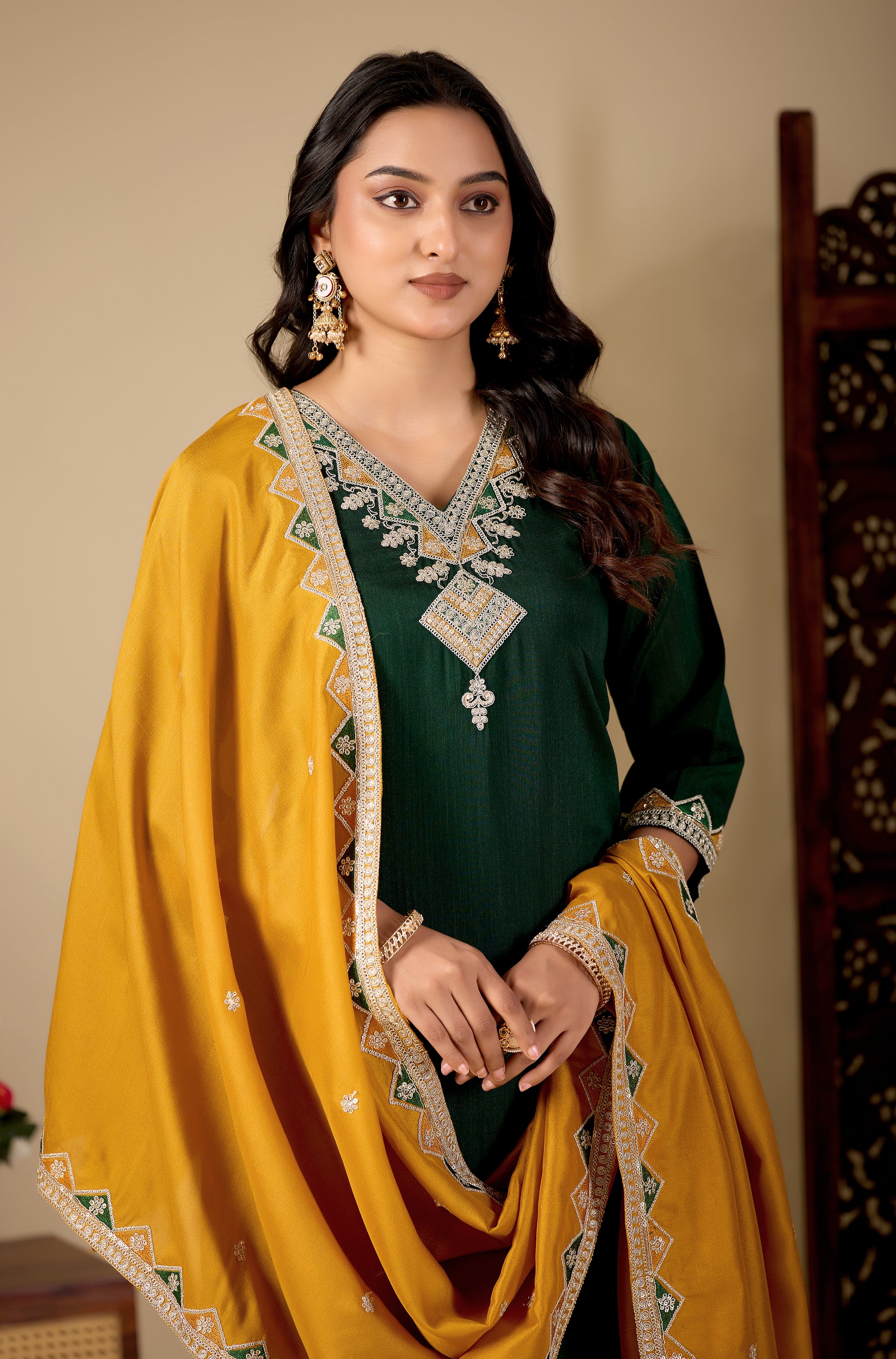 Bottle Green V-Neck Kurta Set with Mustard Embroidered Dupatta