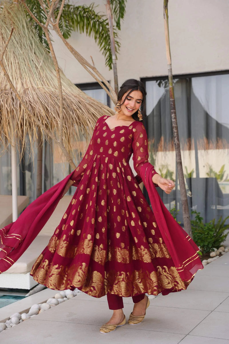 Traditional Maroon Anarkali Suit Set For Weddings And Special Occasions