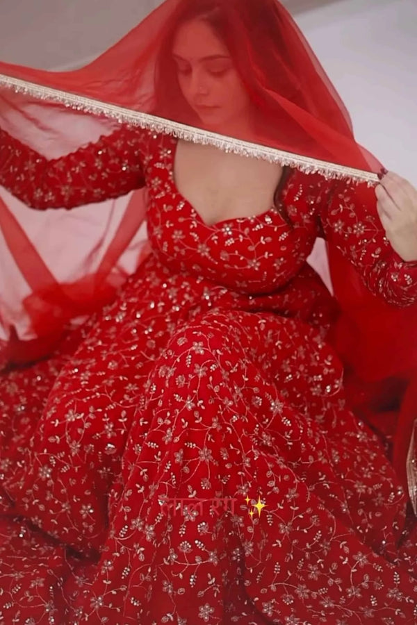 Traditional Red Embroidered Anarkali Suit Perfect for Festive Wear