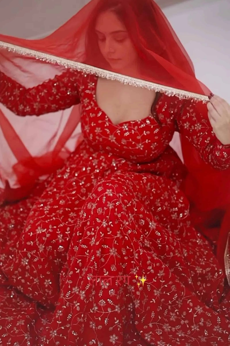 Traditional Red Embroidered Anarkali Suit Perfect for Festive Wear