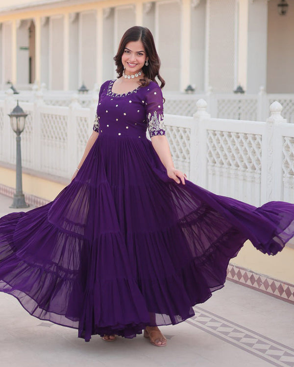 Purple Color Four Layer Georgette Embroidered Gown