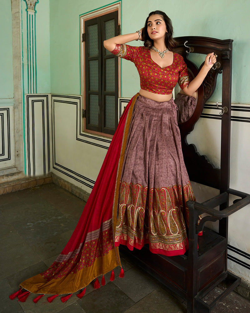 Designer Onion Color Tussar Silk Kashmiri Print Lehenga Choli