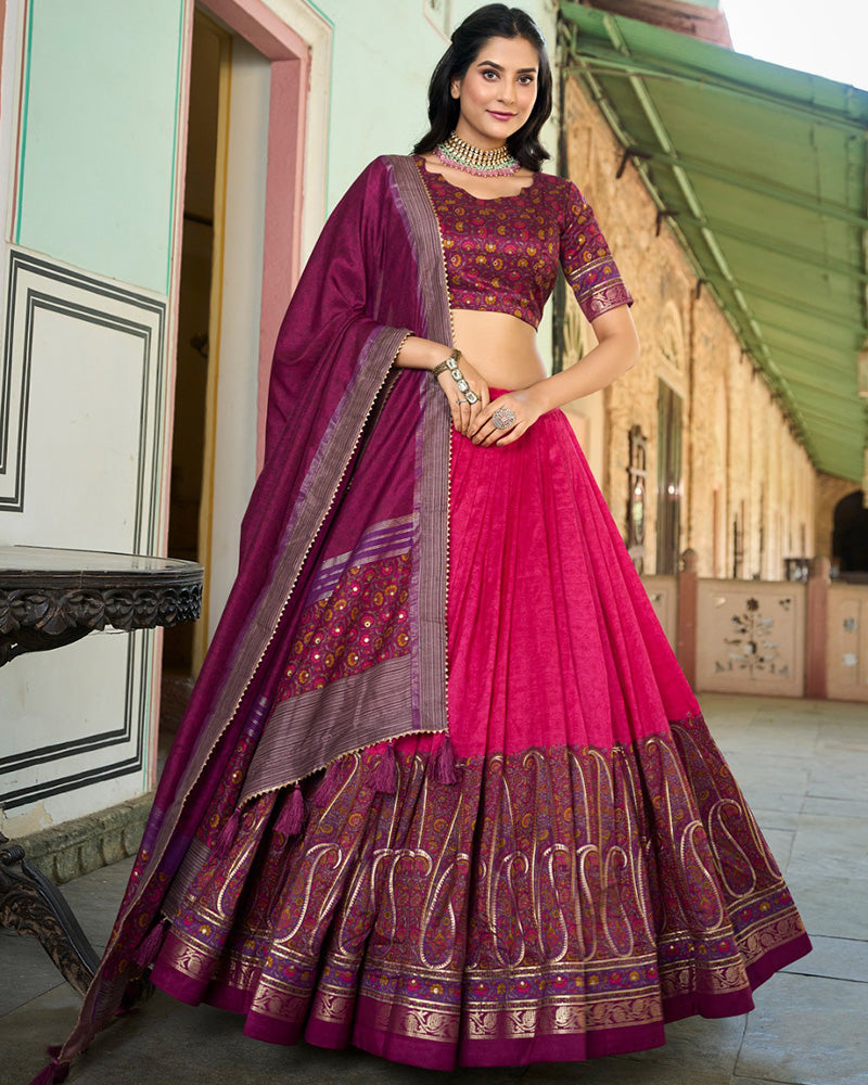 Designer Pink Color Tussar Silk Kashmiri Print Lehenga Choli