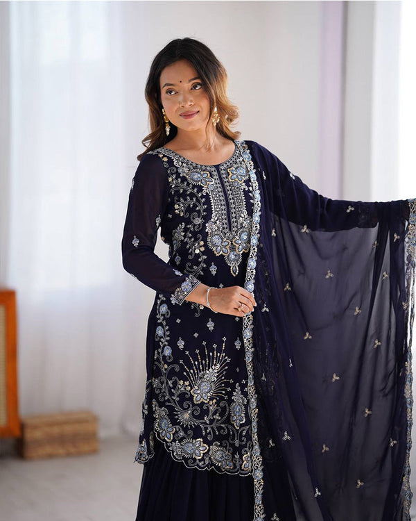 Dark blue color faux georgette sharara suit