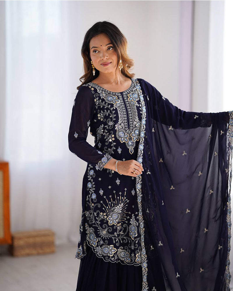 Dark blue color faux georgette sharara suit