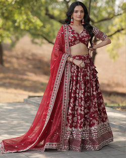 MAROON COLOR PURE VISCOSE JACQUARD LEHENGA CHOLI