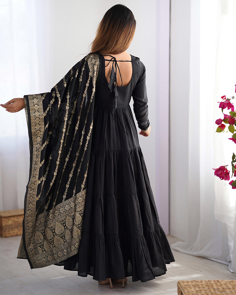 BLACK COLOR PURE ROMAN SILK RUFFLE STYLE ANARKALI SUIT