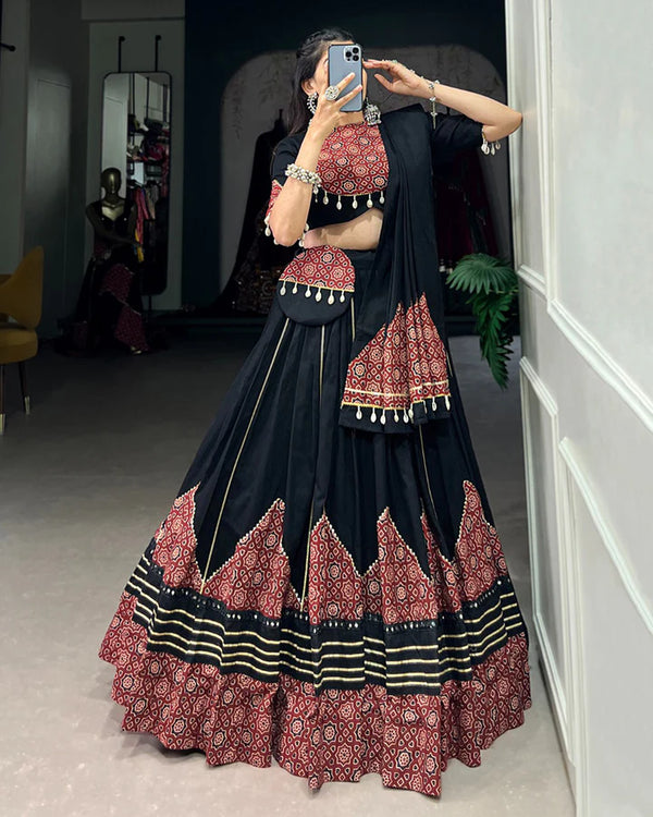 Black Color Cotton Paper Mirror Work Navratri Lehenga Choli