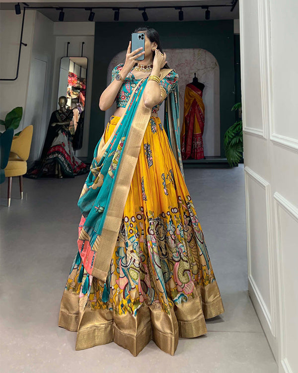 Yellow Color Dola Silk Designer Kalamkari Print Lehenga Choli