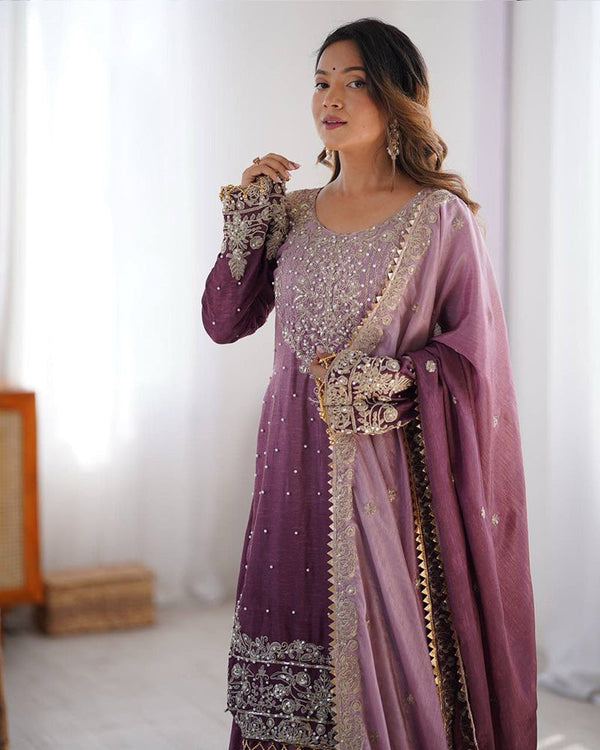 Onion color chinnon sequence work plazzo suit