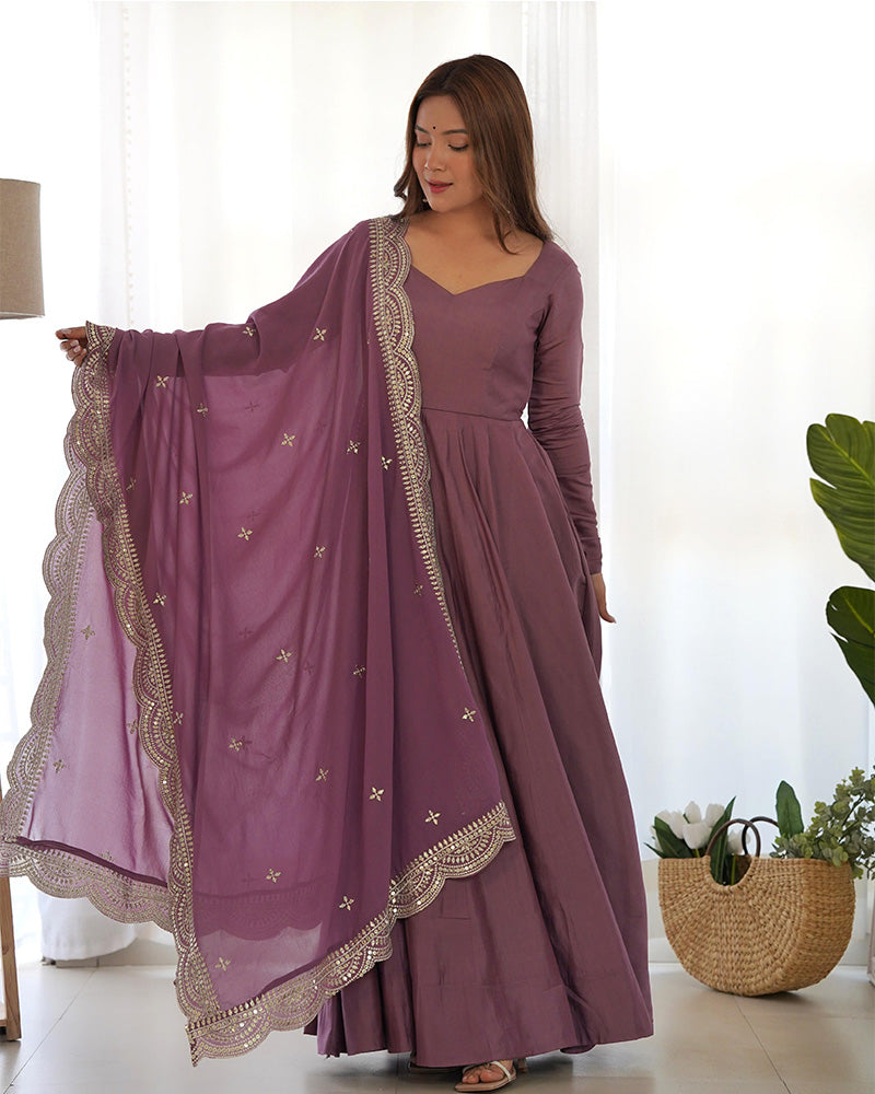 ONION COLOR PURE CHANDERI SILK THREE PIECE ANARKALI SUIT