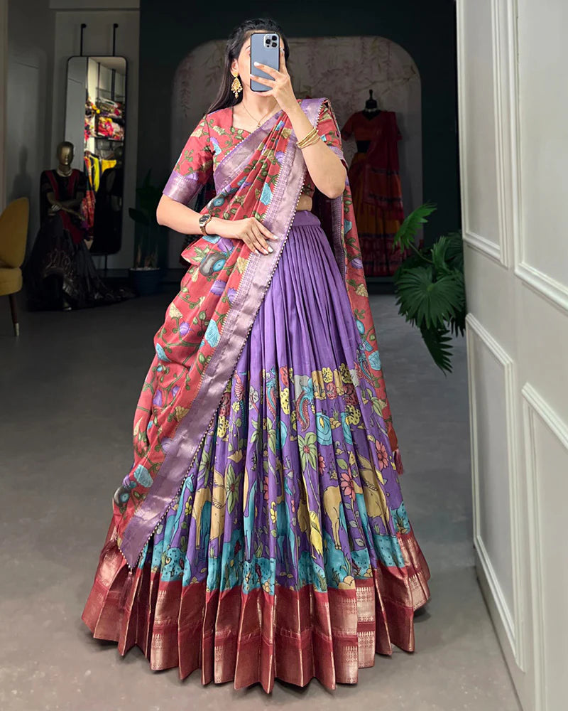 LAVENDER COLOR DOLA SILK DESIGNER KALAMKARI PRINT LEHENGA CHOLI