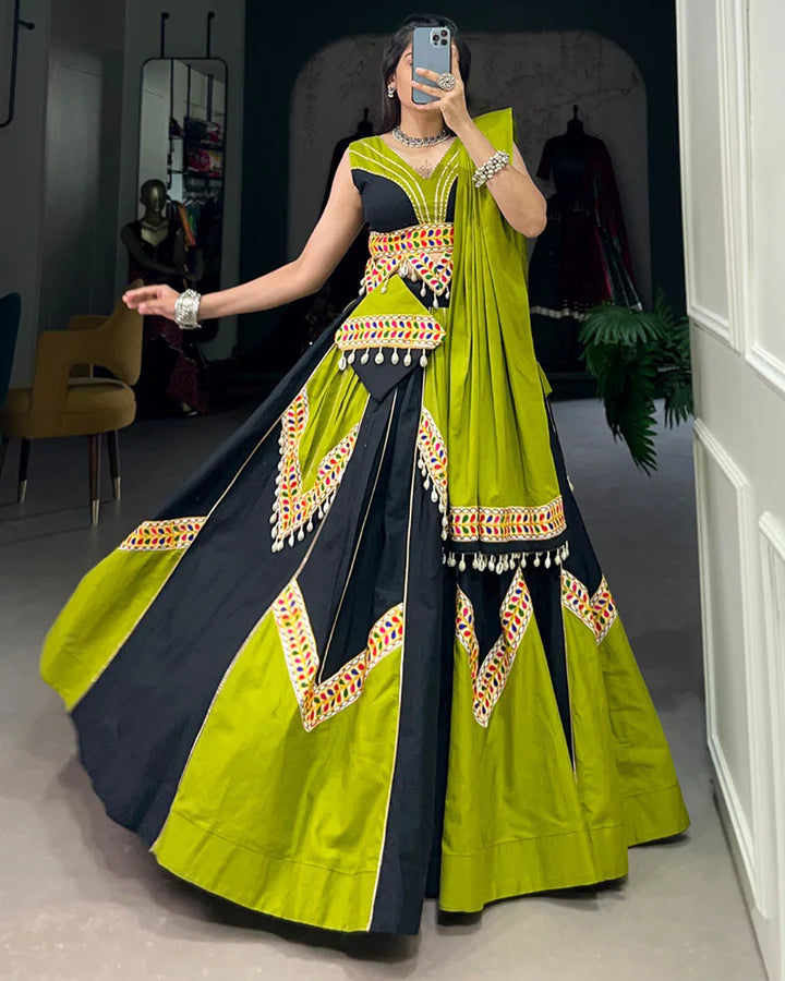 Parrot Green And Black Color Pure Cotton Navratri Lehenga Choli