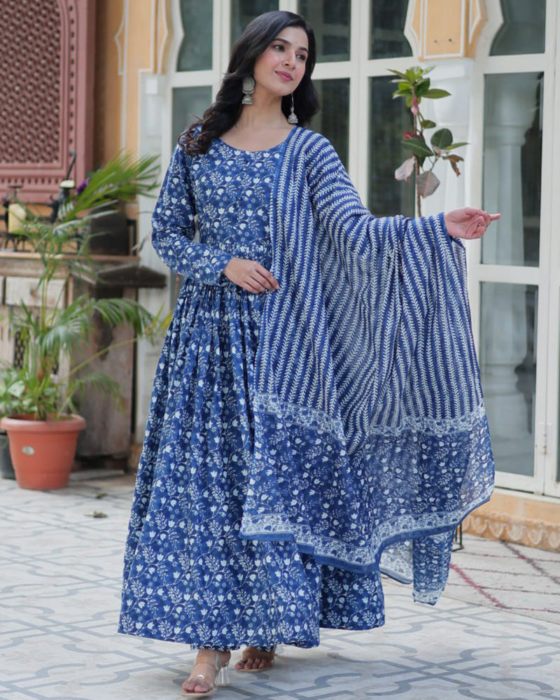 Blue color printed pure cotton three piece kurti suit