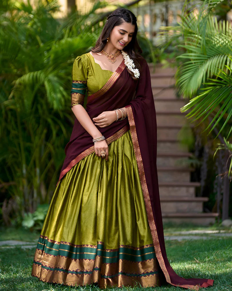 OLIVE GREEN COLOR POLY COTTON LEHENGA CHOLI